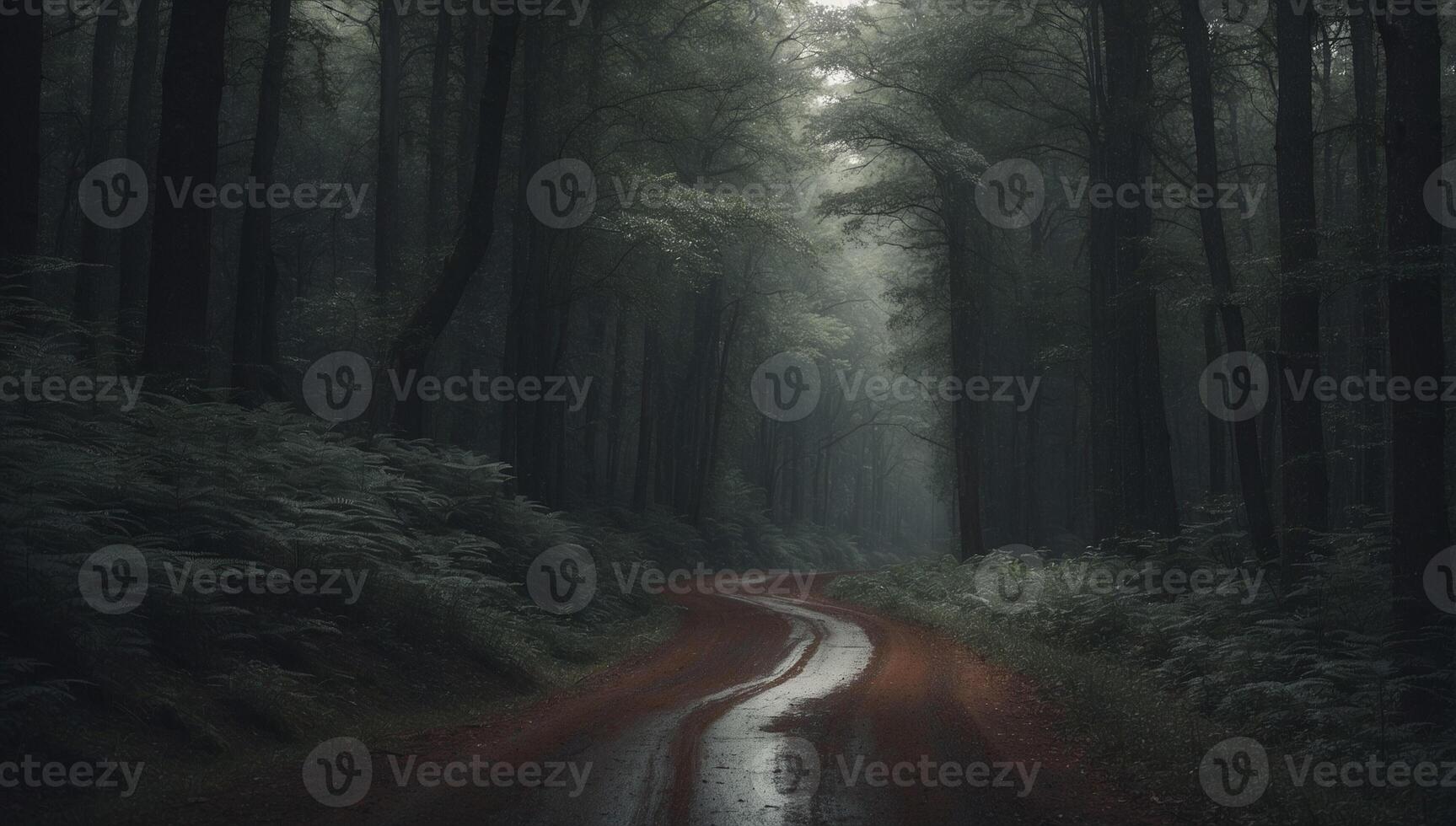 A dark road in the middle of a forest photo