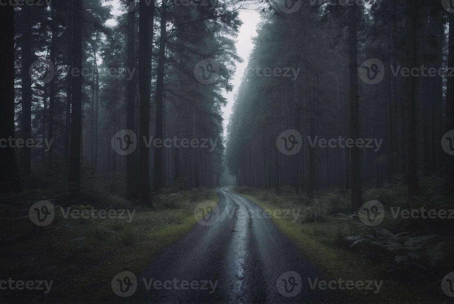 A dark road in the middle of a forest photo