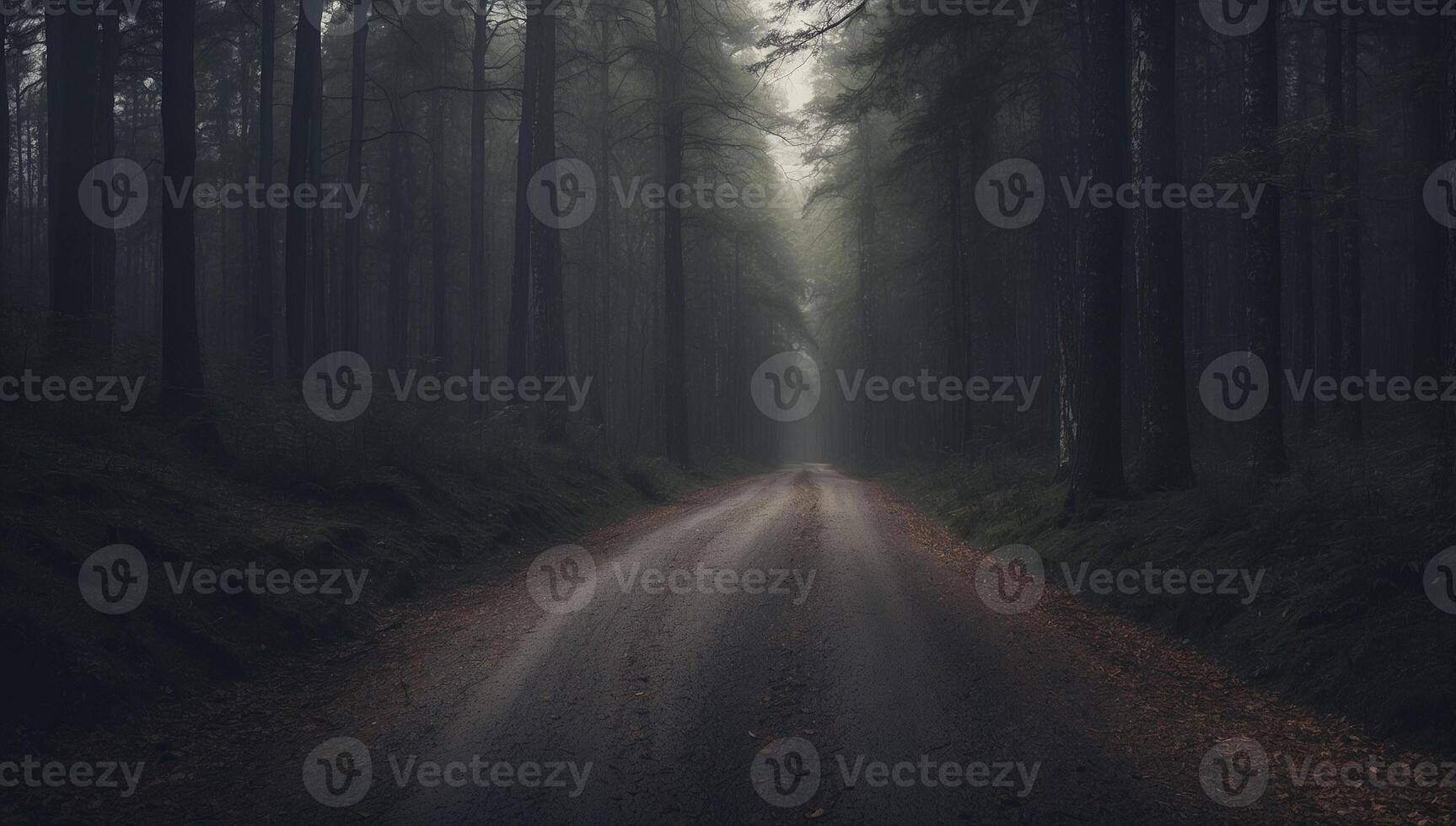 A dark road in the middle of a forest photo