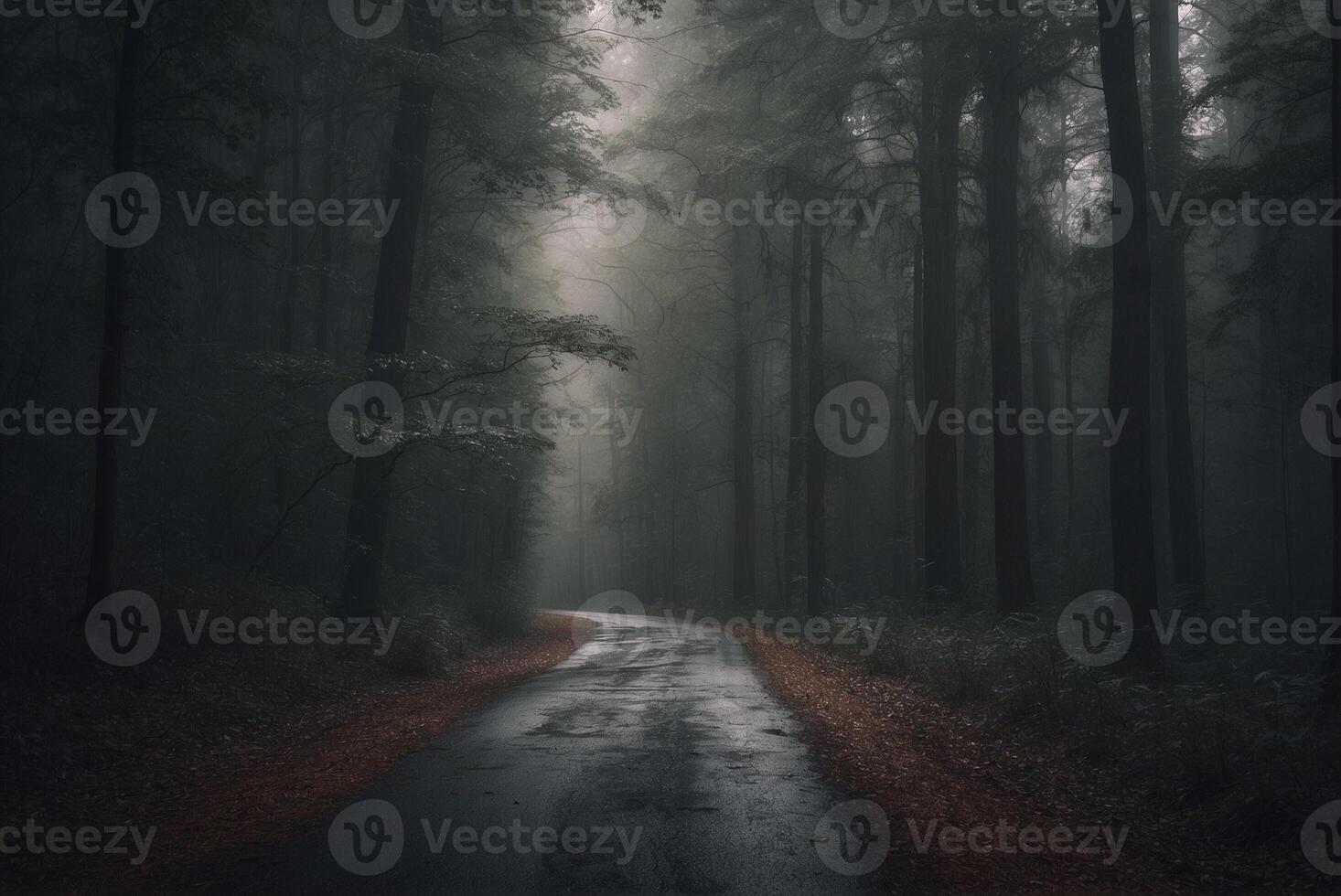 A dark road in the middle of a forest photo