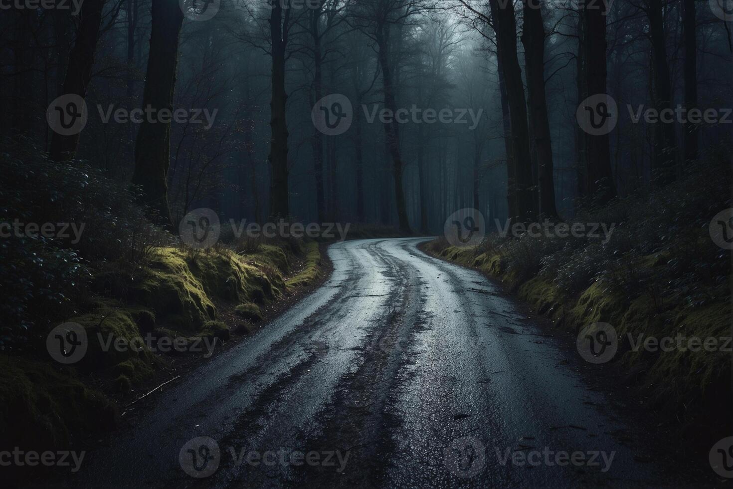 A dark road in the woods with trees and moss photo