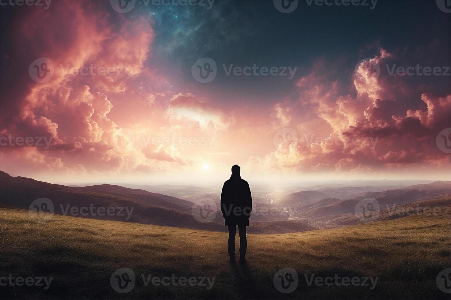 A man standing on a hill looking at the sky photo