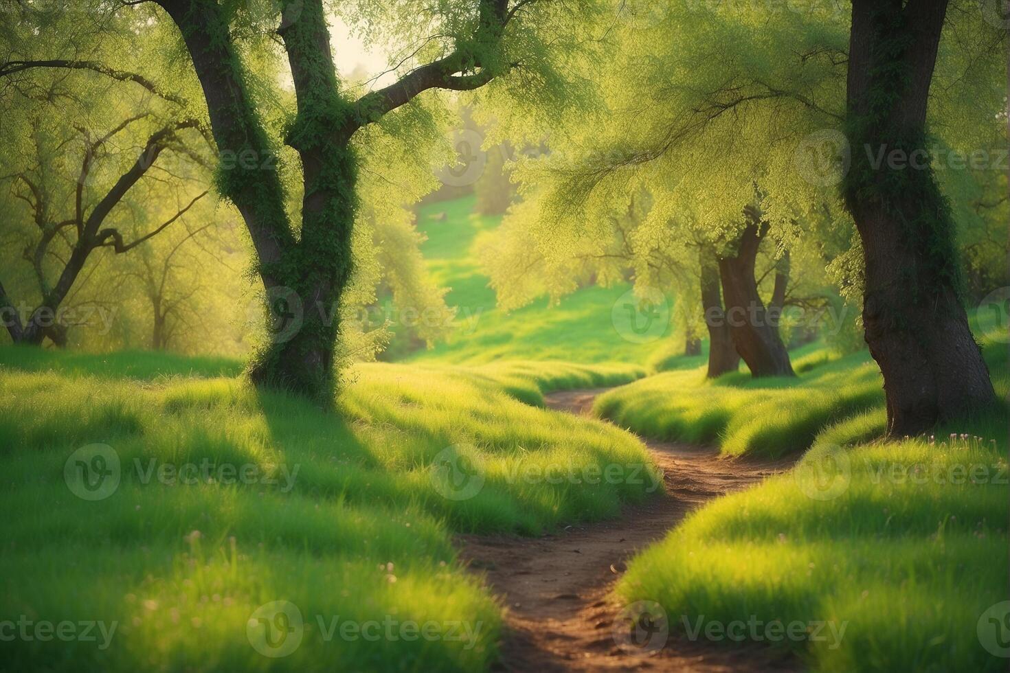 A path through a green field with trees and grass photo