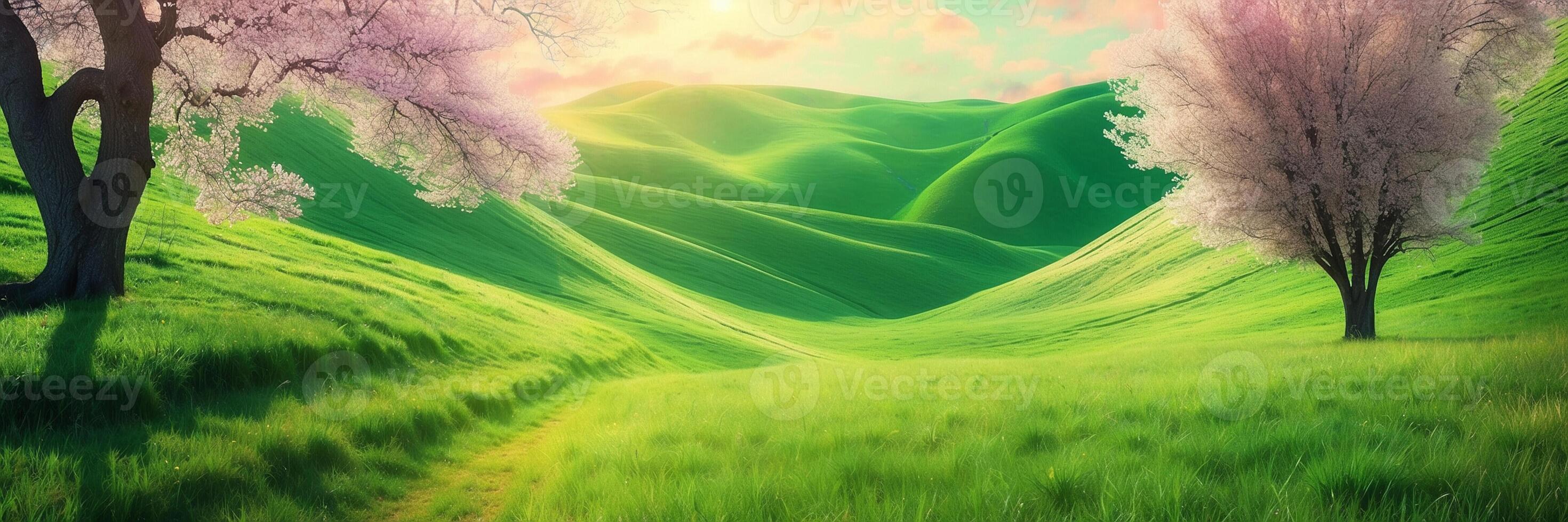 A green field with trees and a path photo