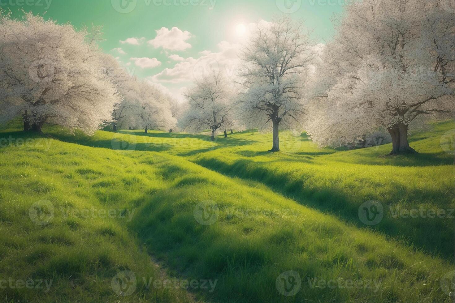 A green field with trees and grass photo