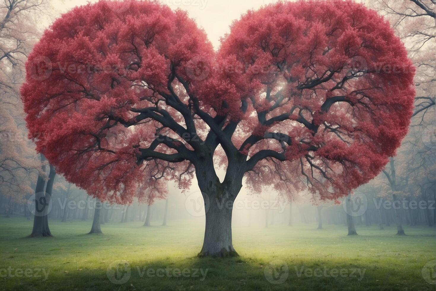 A heart shaped tree in the middle of a field photo