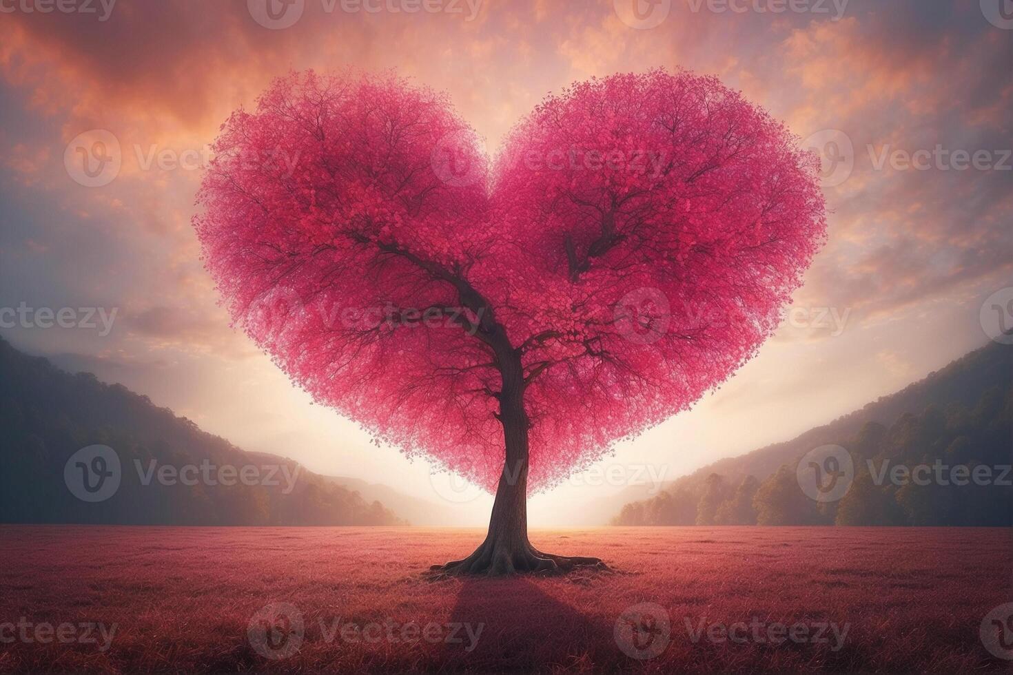 A heart shaped tree in the middle of a field photo