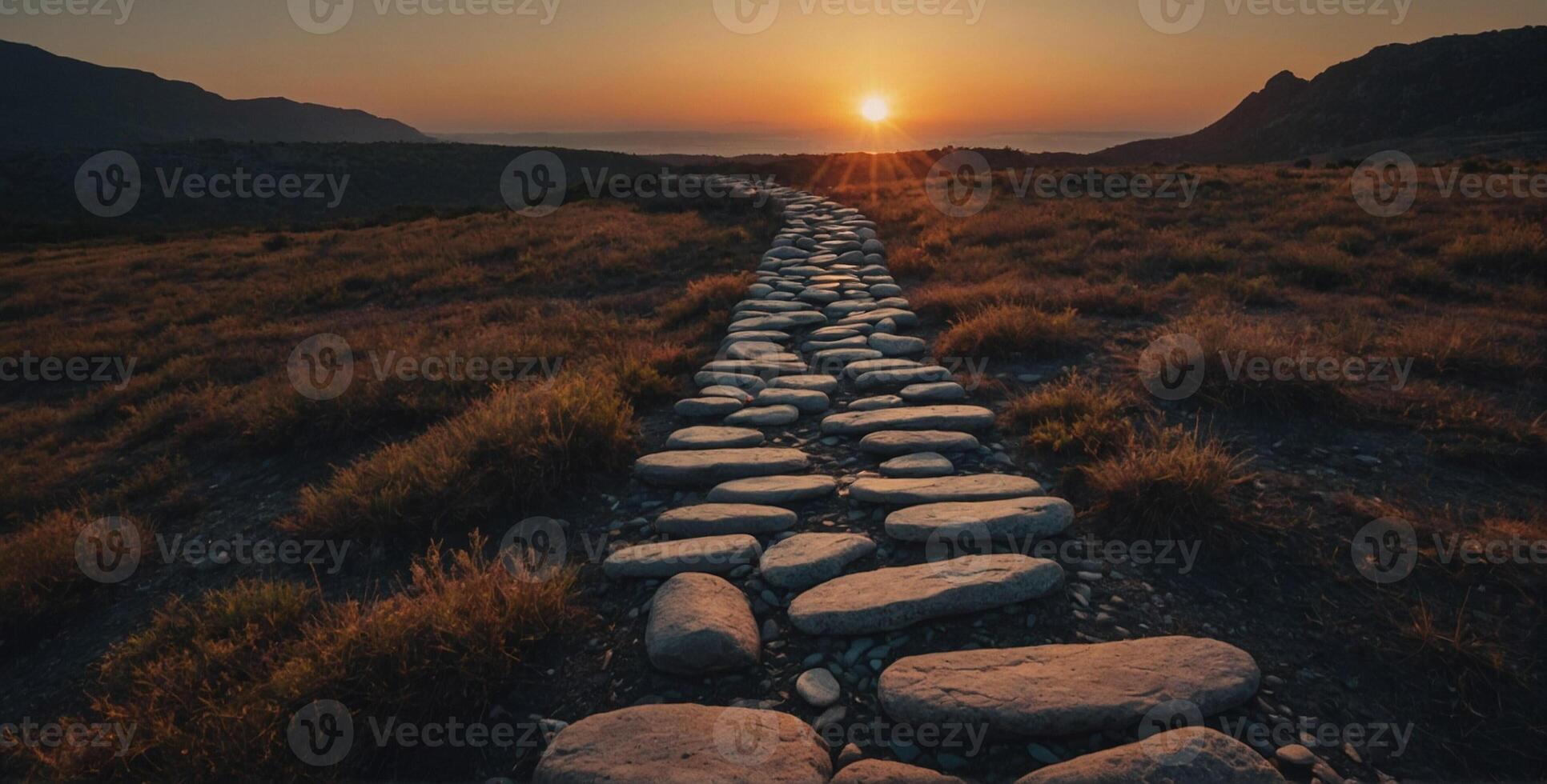 A stone path in the middle of a field at sunset photo