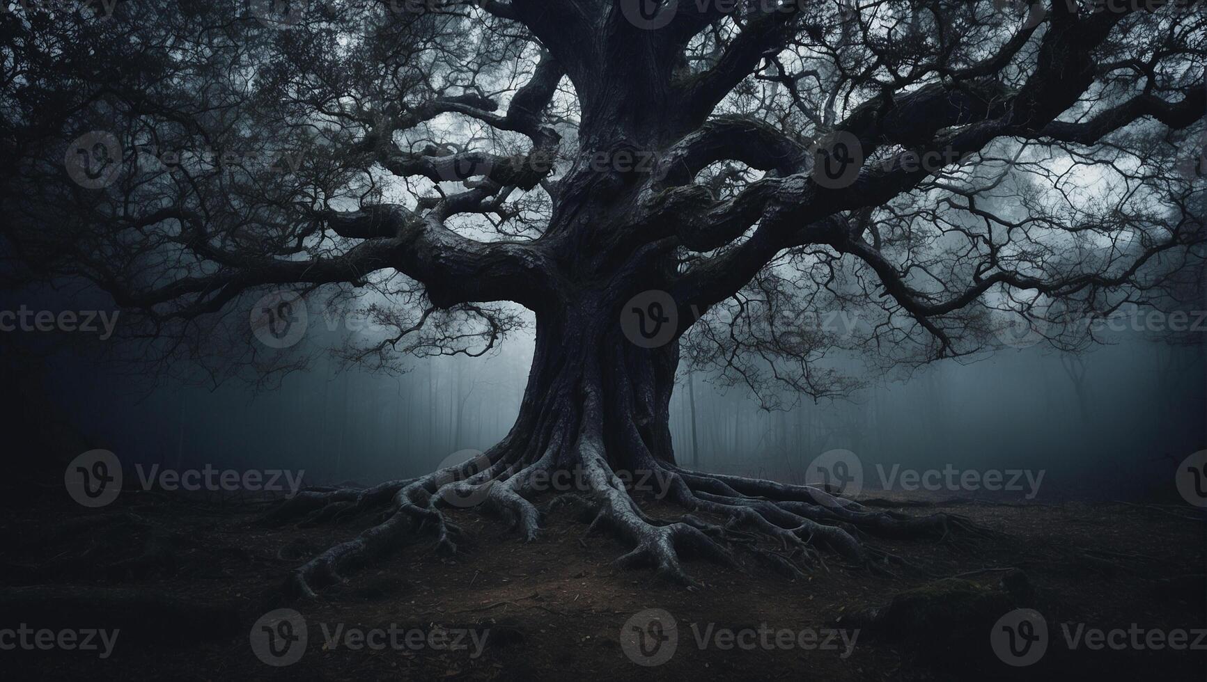 An old tree in the dark with fog photo