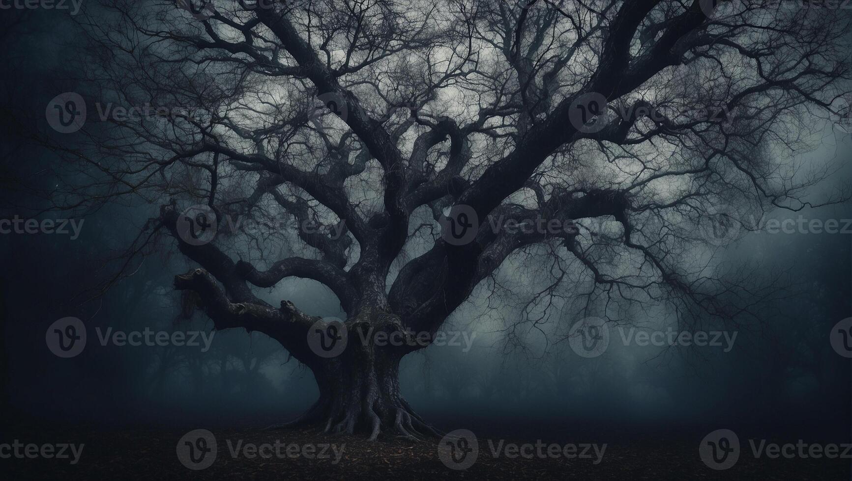 A dark tree in the fog with no leaves photo