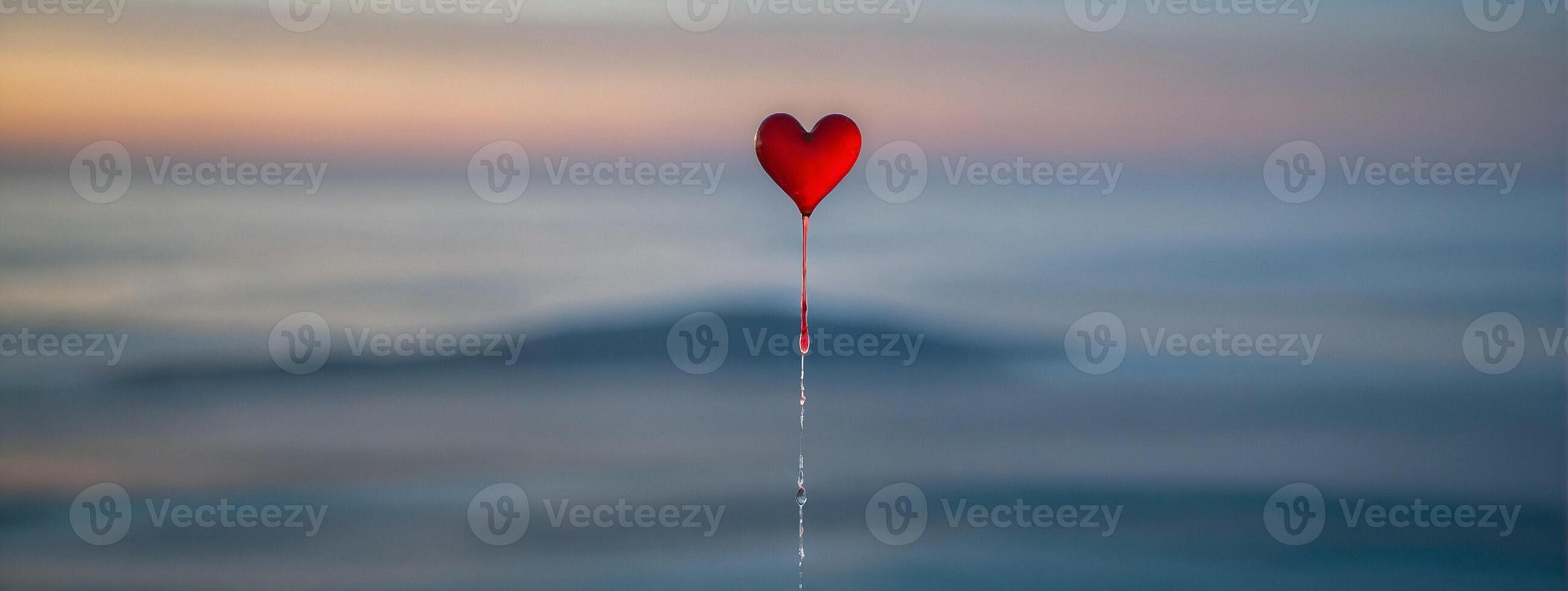 A red heart floating in the air over the ocean photo