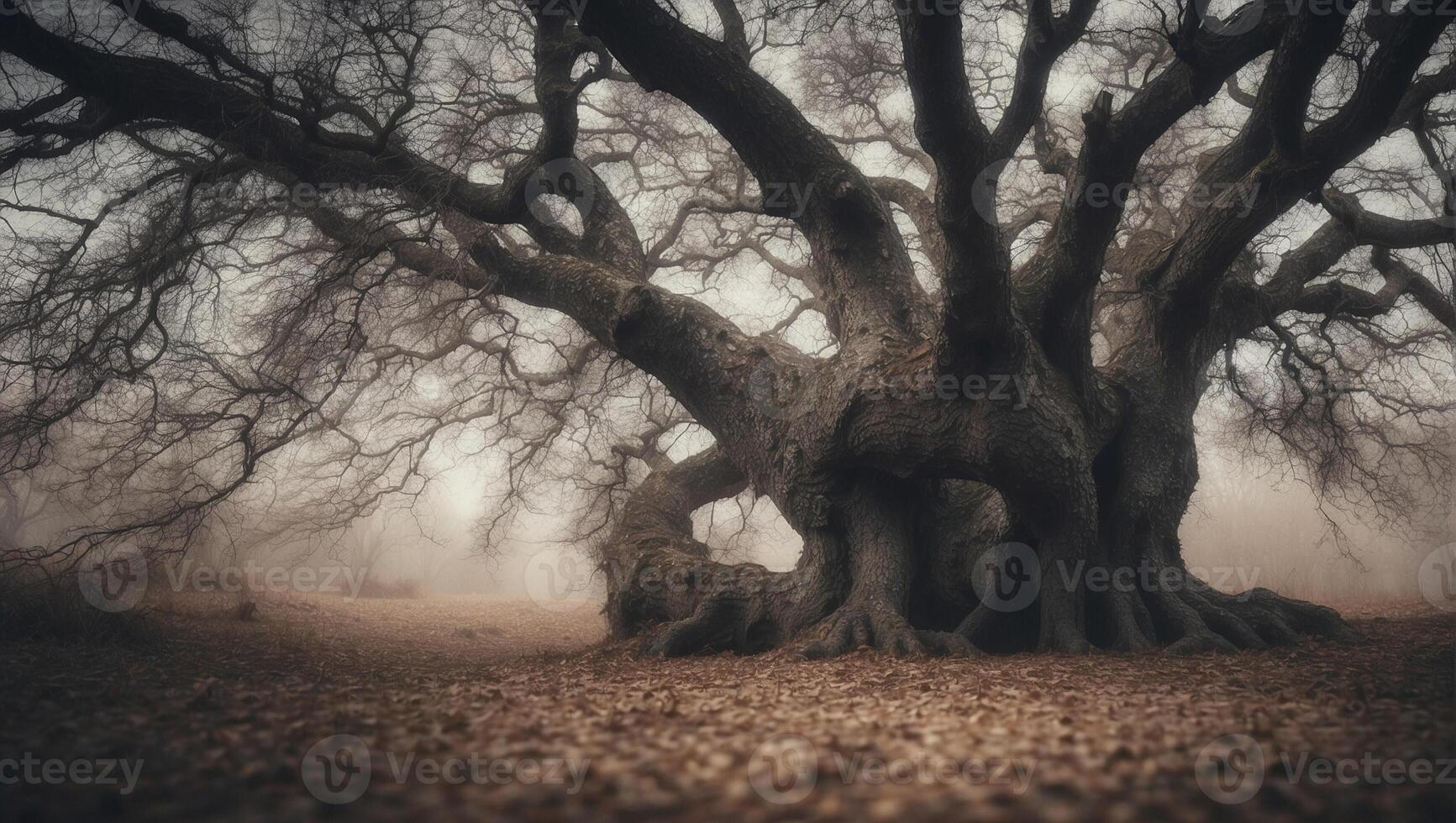An old tree in the fog with leaves on the ground photo
