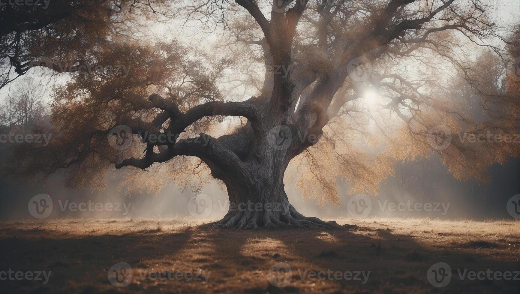 An old tree in the foggy field photo