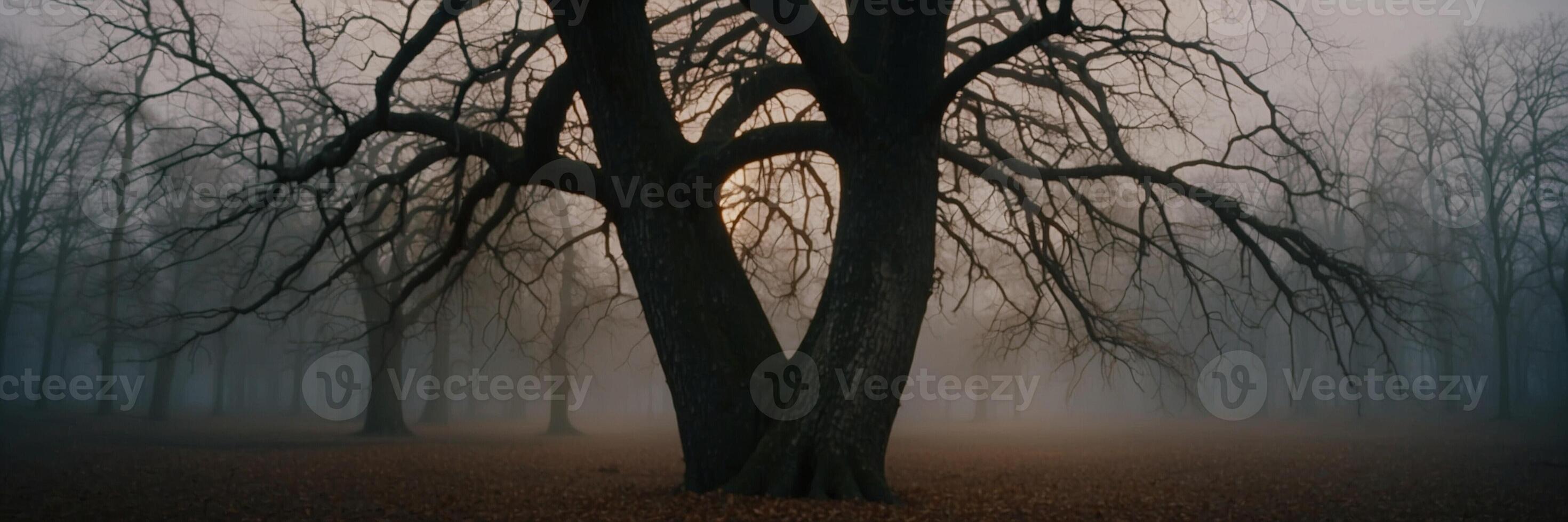 A tree in the fog with no leaves photo