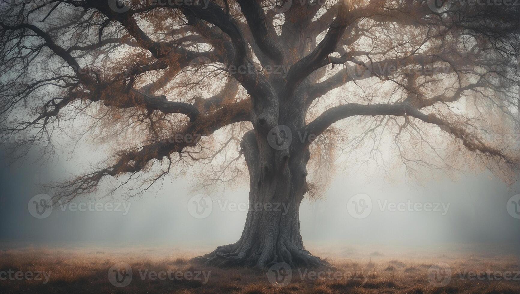 A tree in the fog with a sun shining through photo