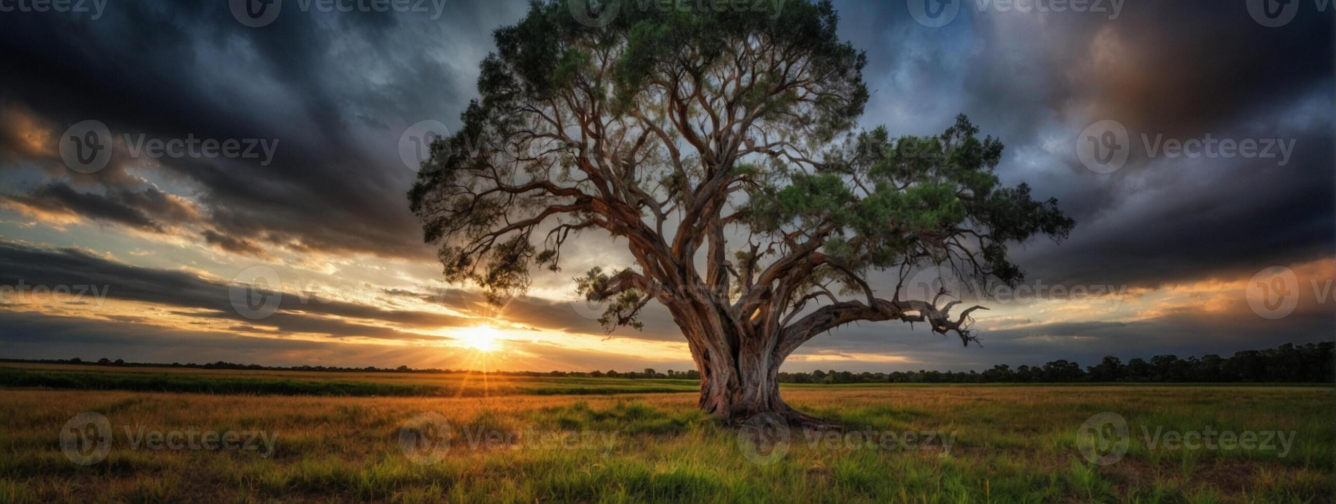 A lone tree in a field with a dramatic sunset photo
