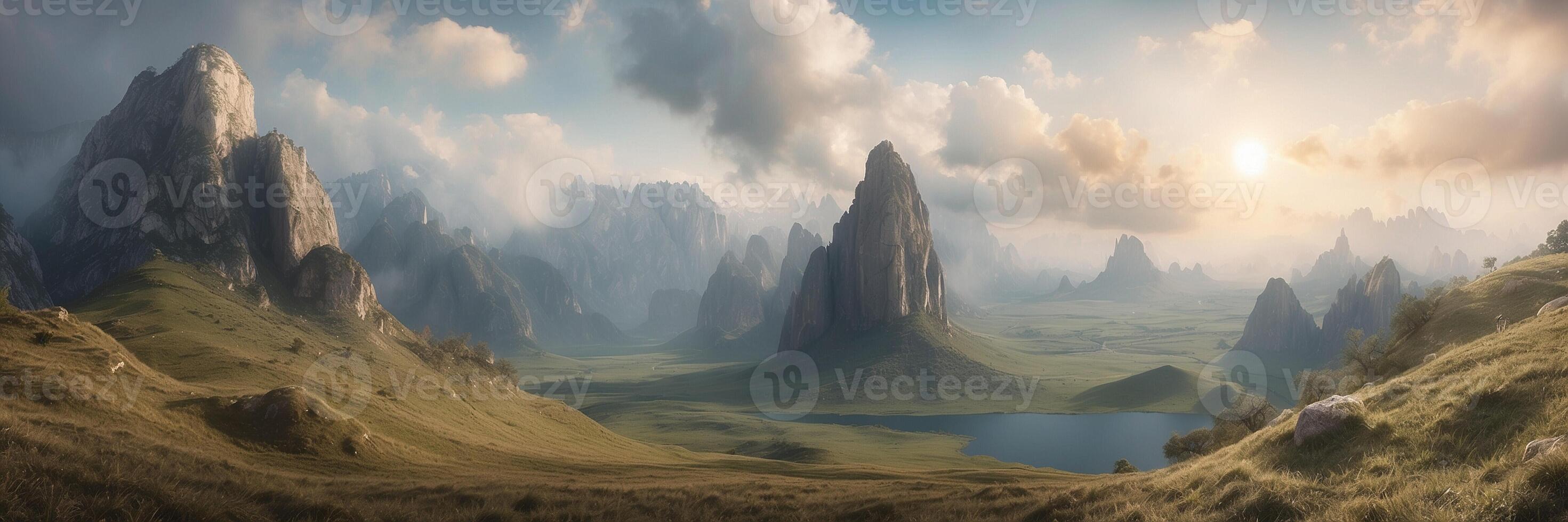 A beautiful landscape with mountains and water photo