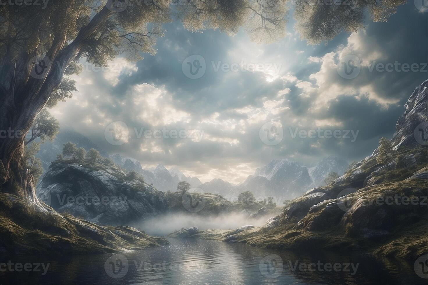 A river flows through a forest with trees and mountains photo