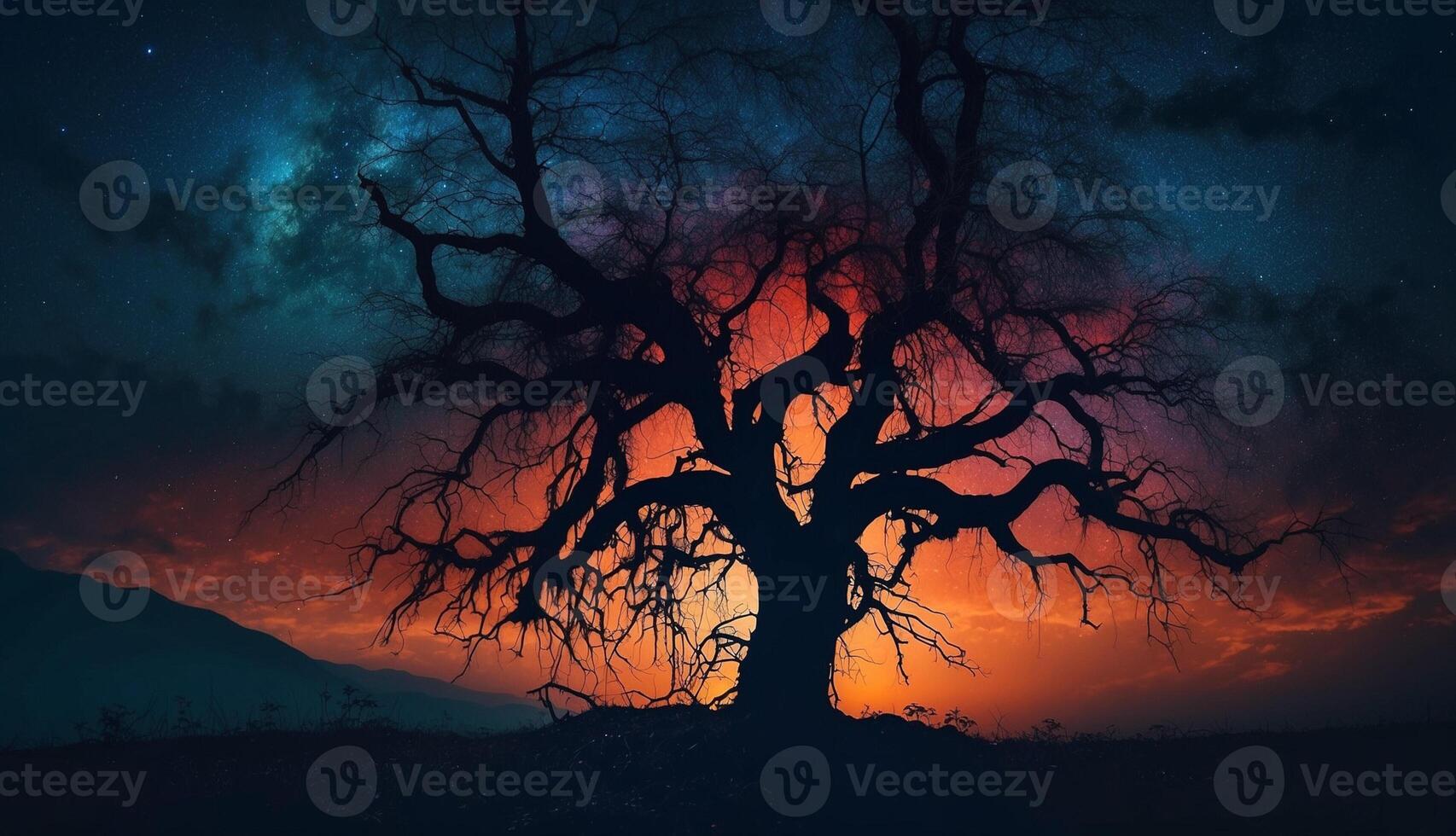 A tree with no leaves in the night sky photo