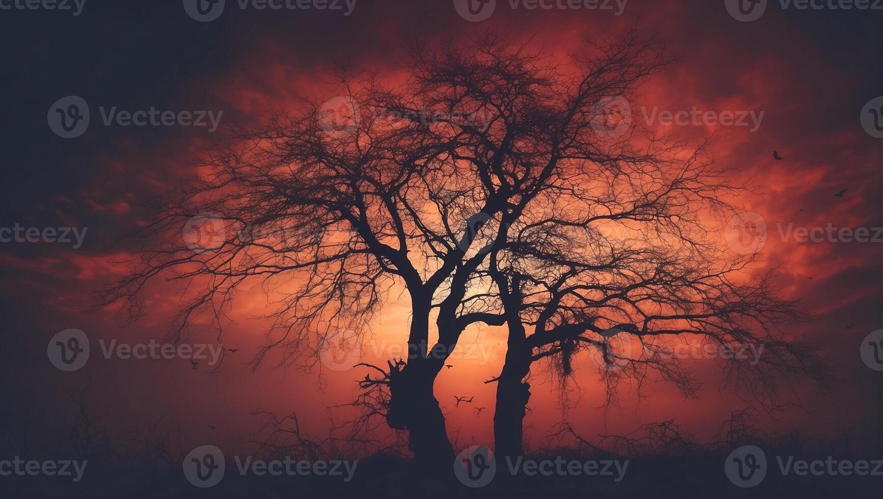 A tree is silhouetted against a red sky photo