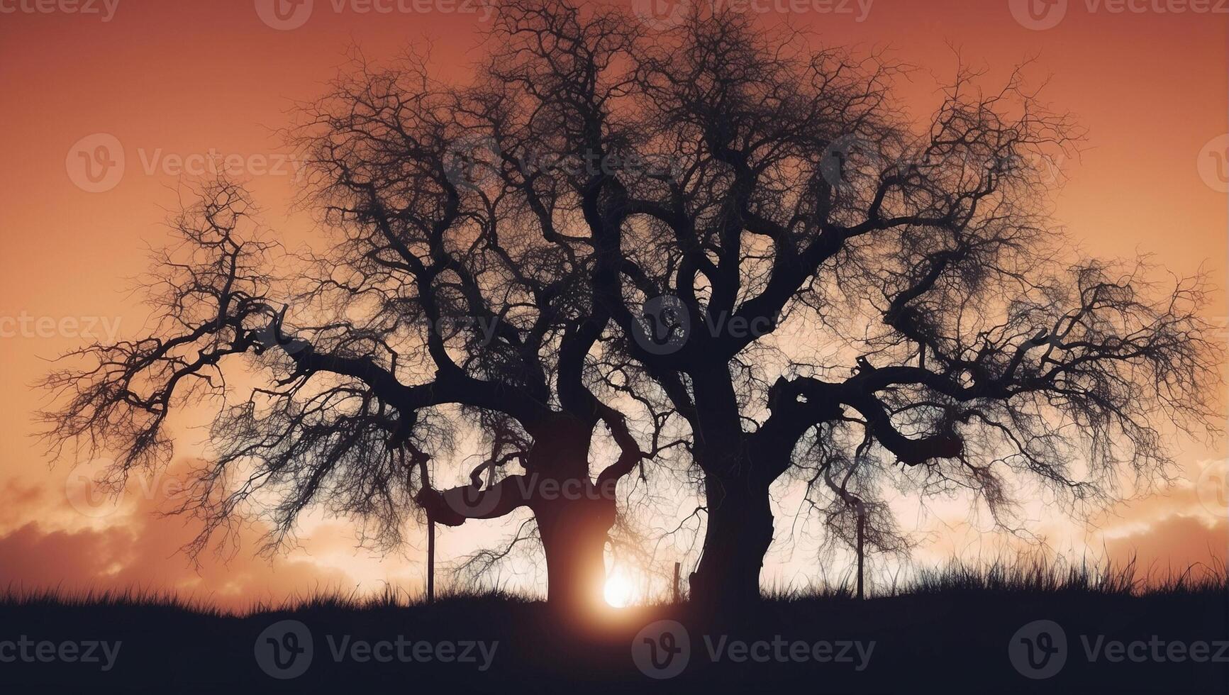A tree with no leaves is silhouetted against a sunset photo