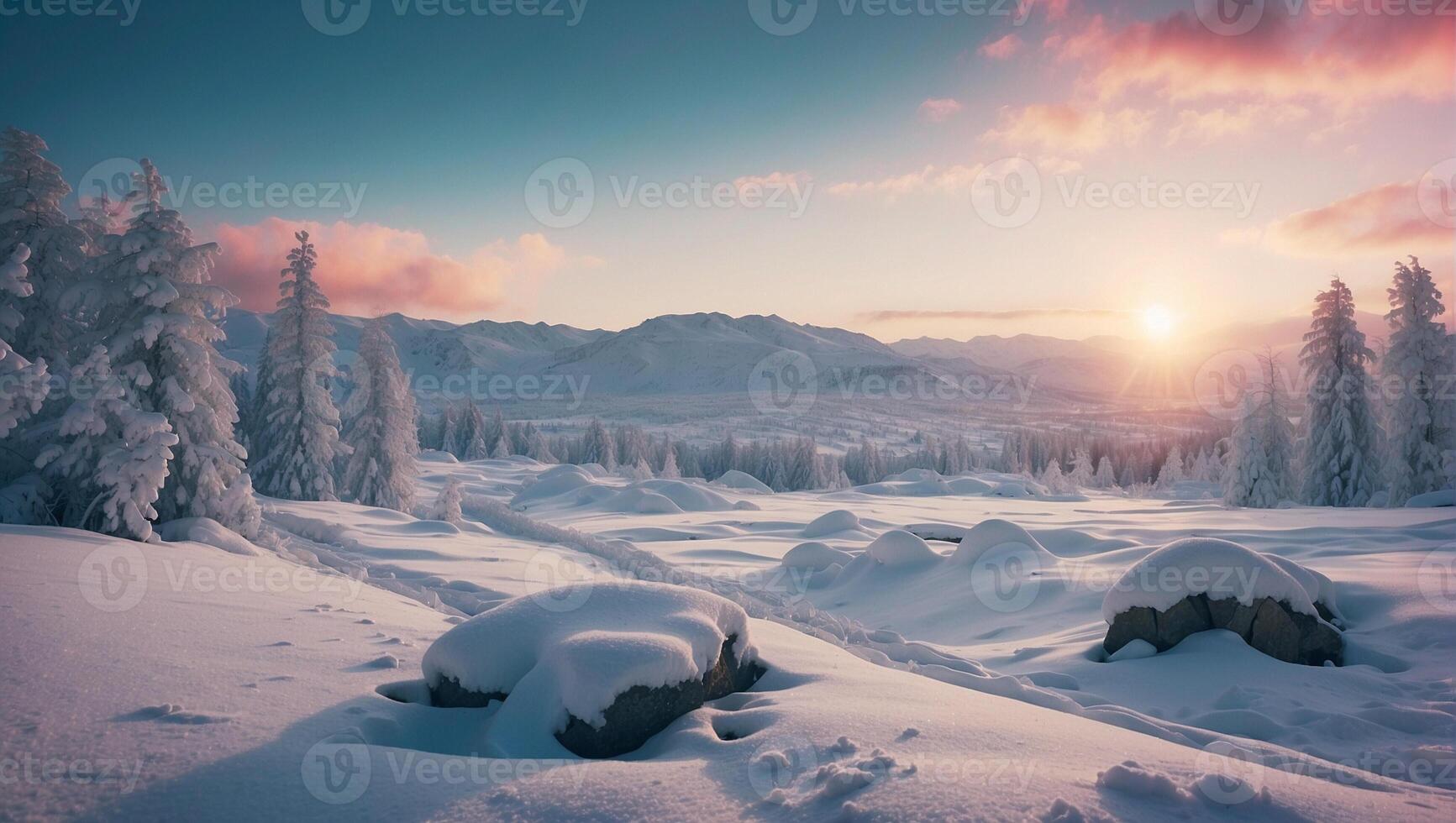 A snowy landscape with trees and rocks photo