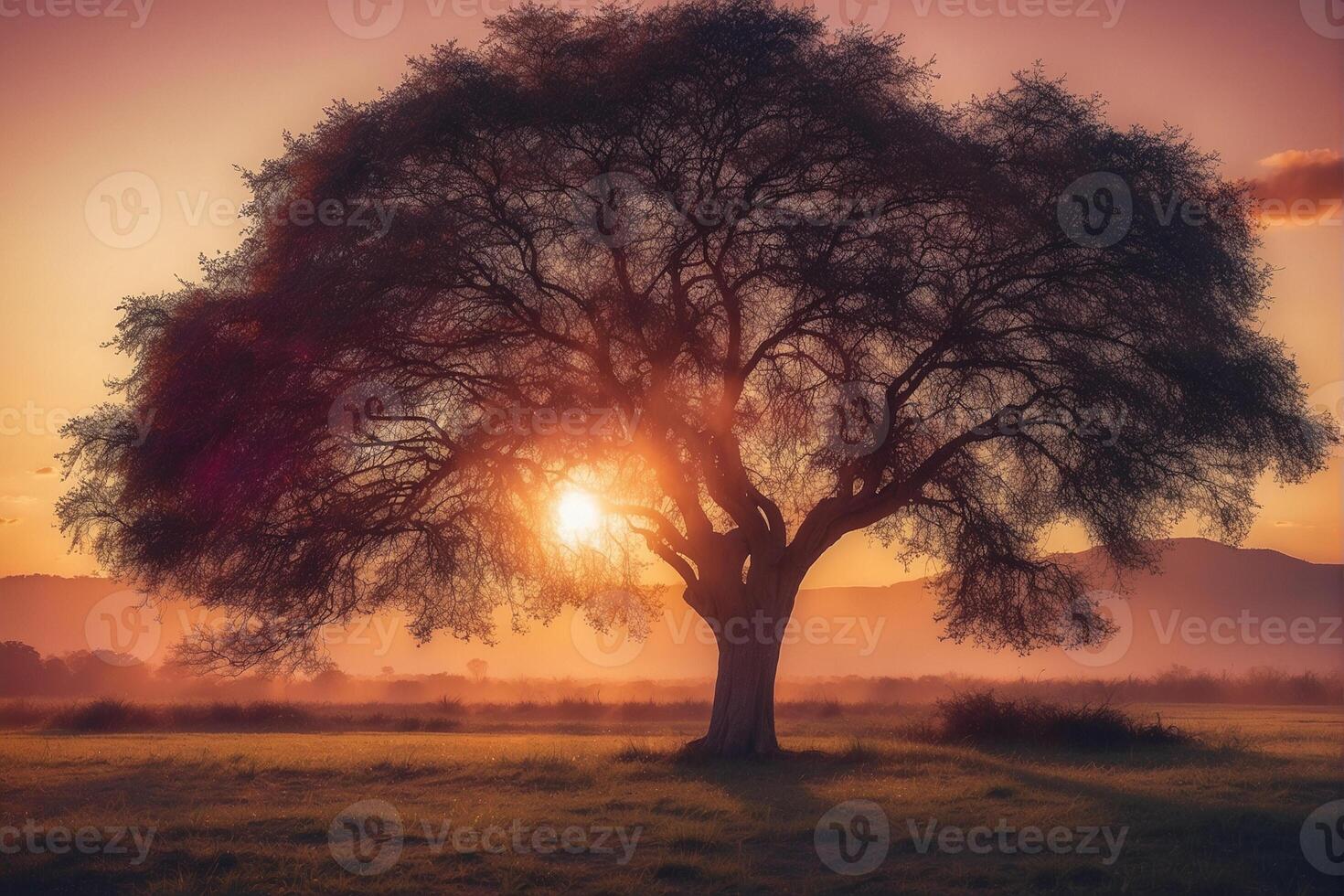 A tree in the middle of a field at sunset photo