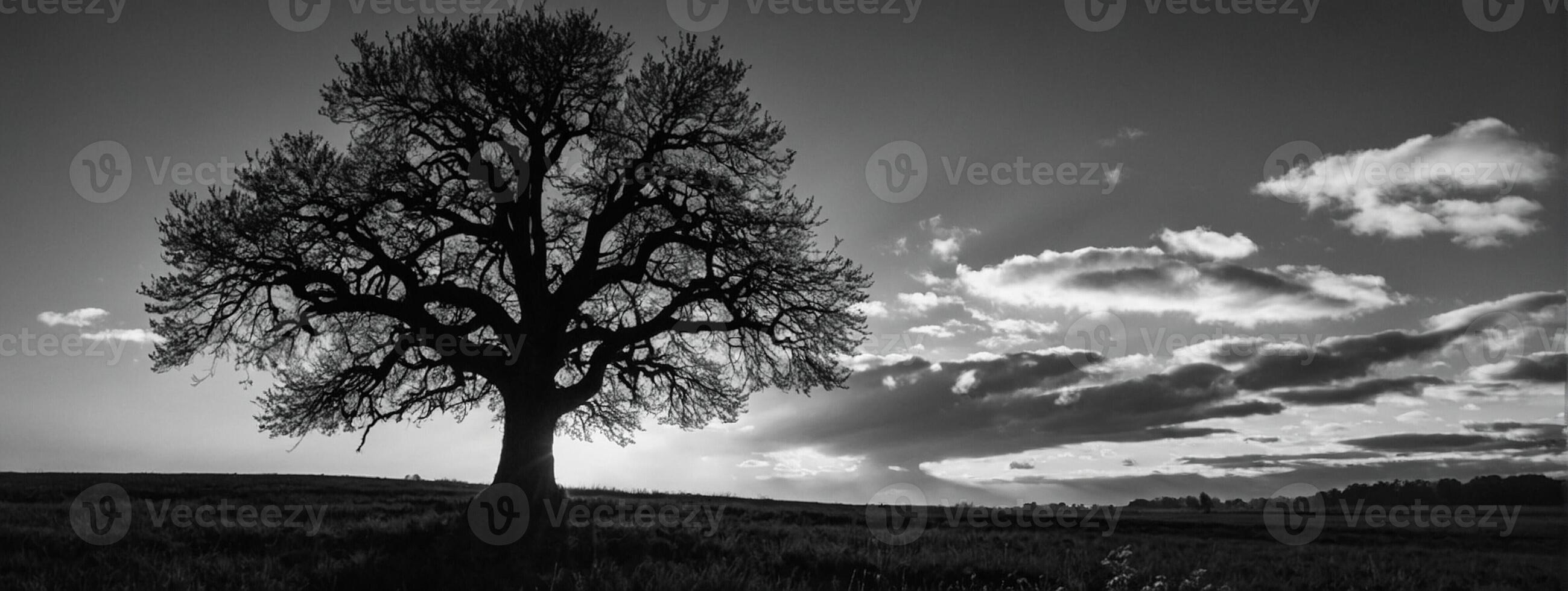 Black and white photo of a tree in a field