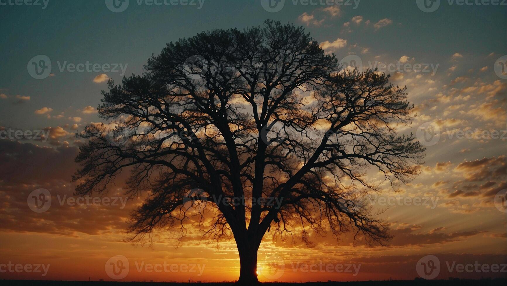 A tree is silhouetted against a sunset sky photo