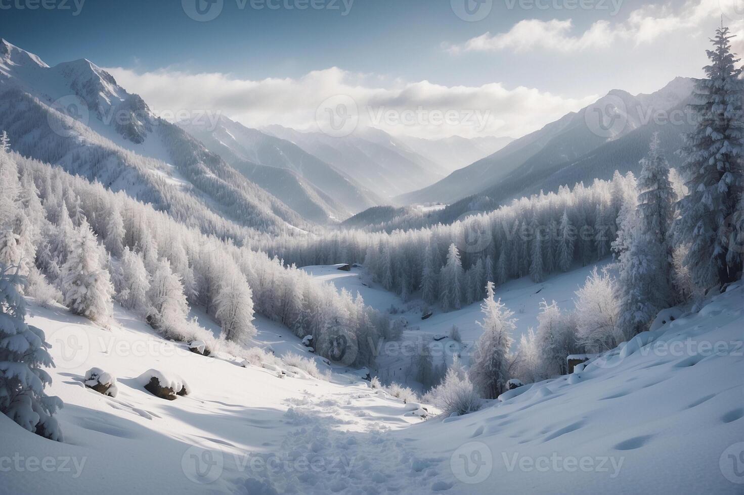 A snowy mountain valley with trees and snow photo