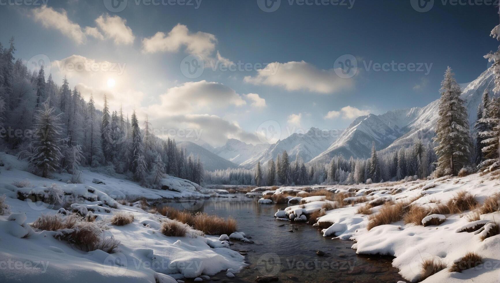 A river in the snow with trees and mountains photo