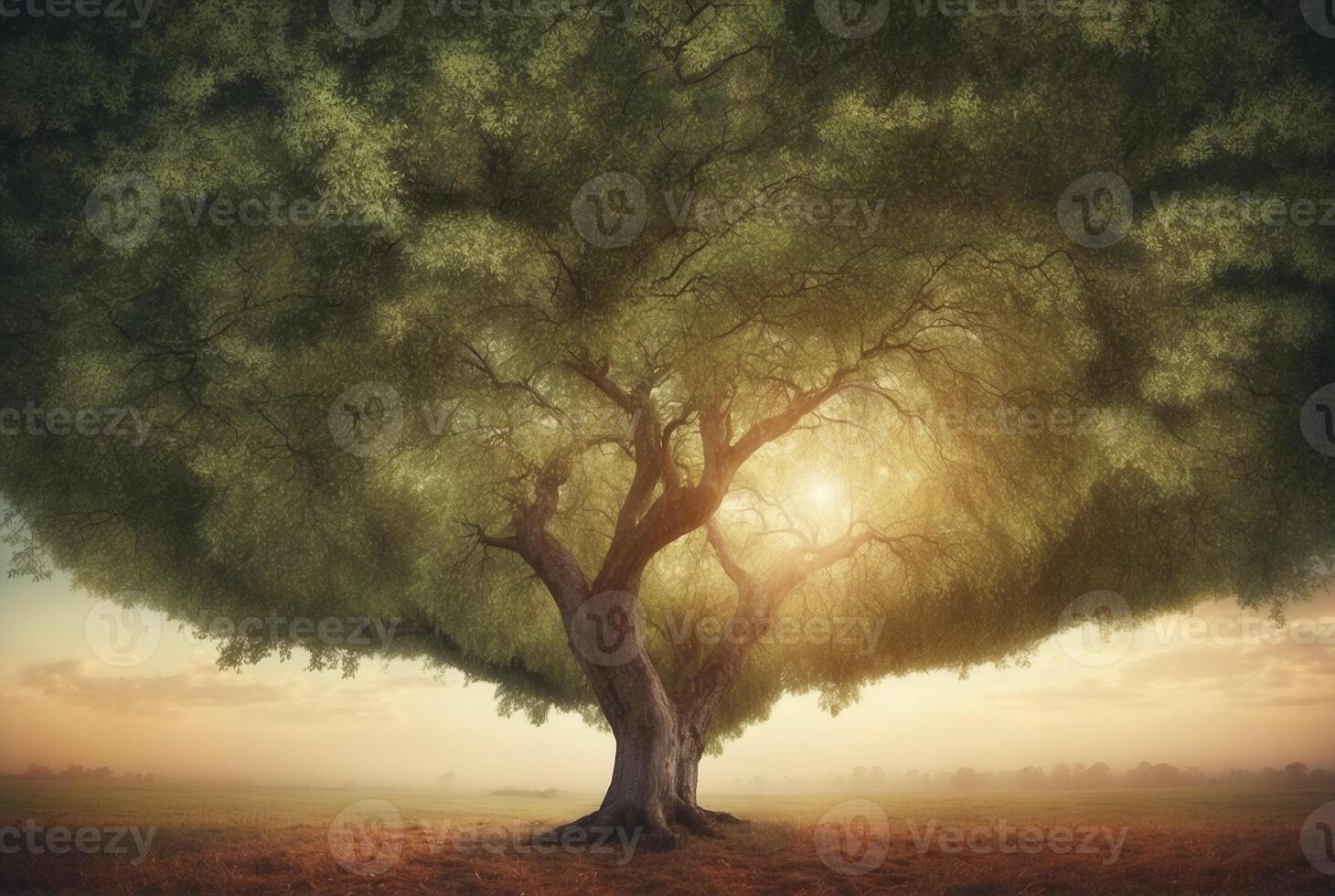 A large tree in the middle of a field photo