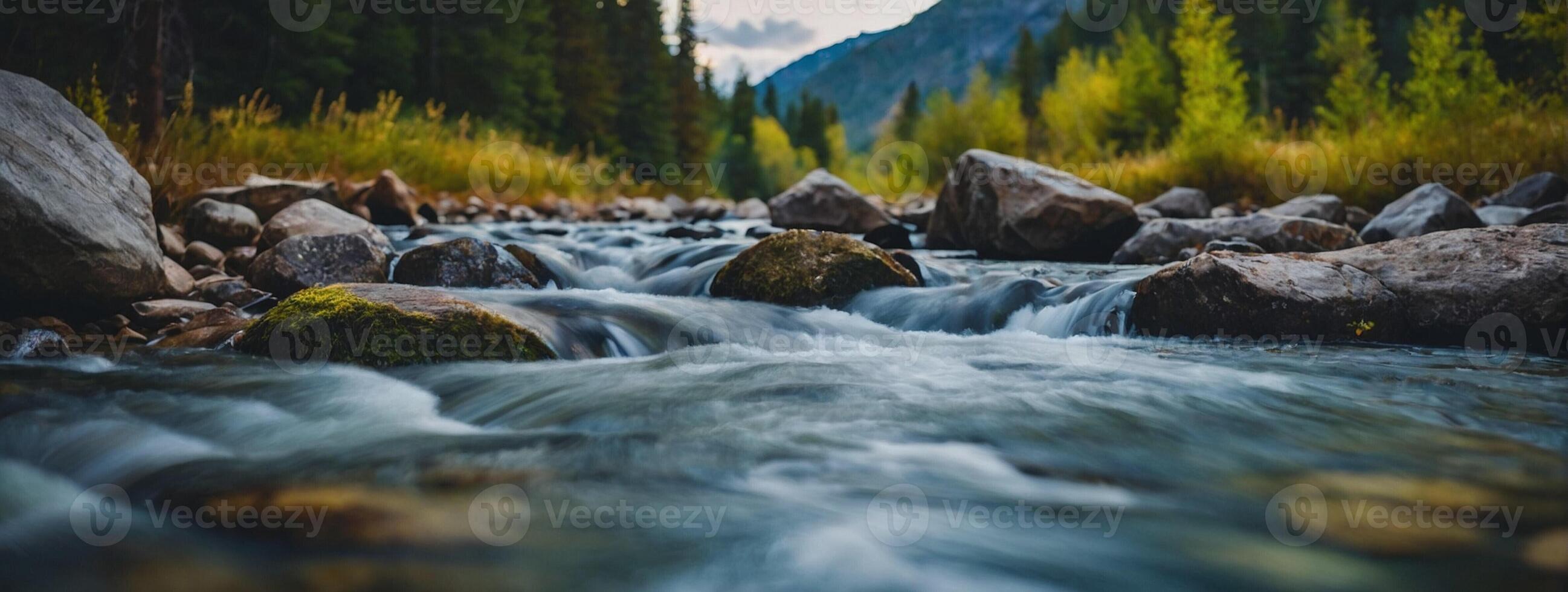 A river flowing through a forest with rocks and trees photo