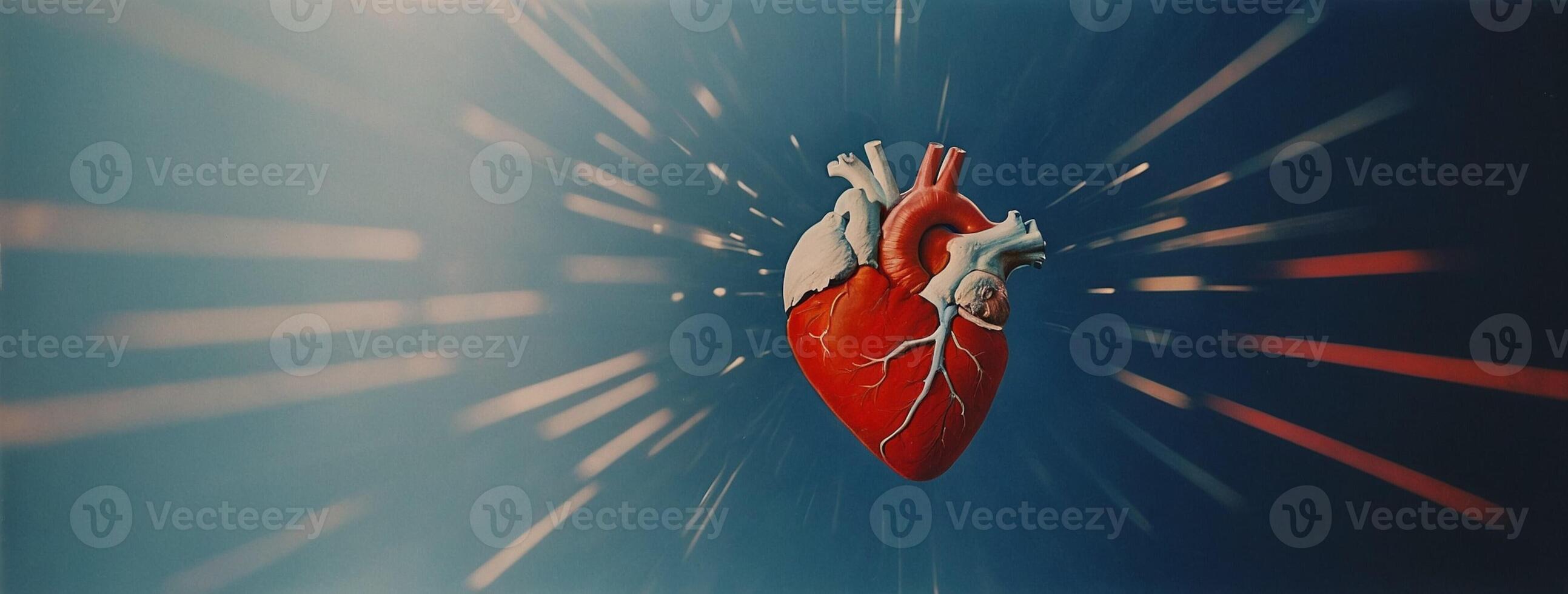 A red anatomical heart against a blue background with blurred streaks of light photo