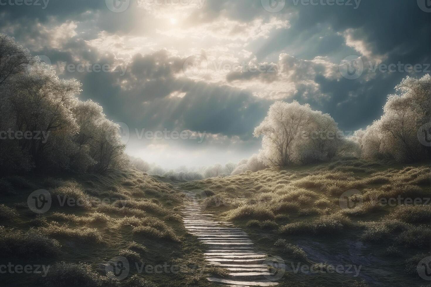 A path leads to a field with trees and grass photo