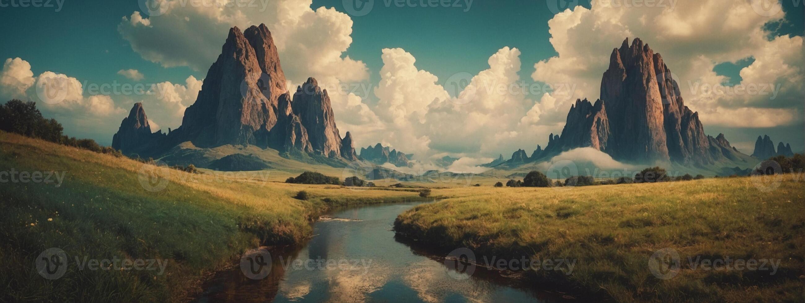 A river runs through a field with mountains in the background photo