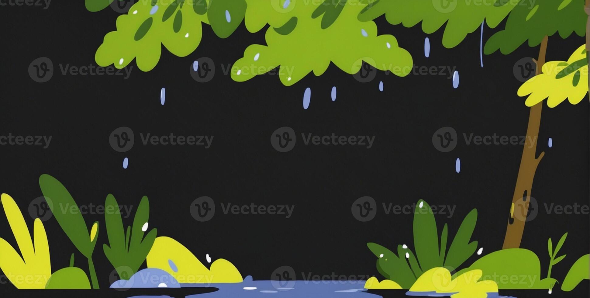 A cartoon scene of a rainstorm with water and trees photo