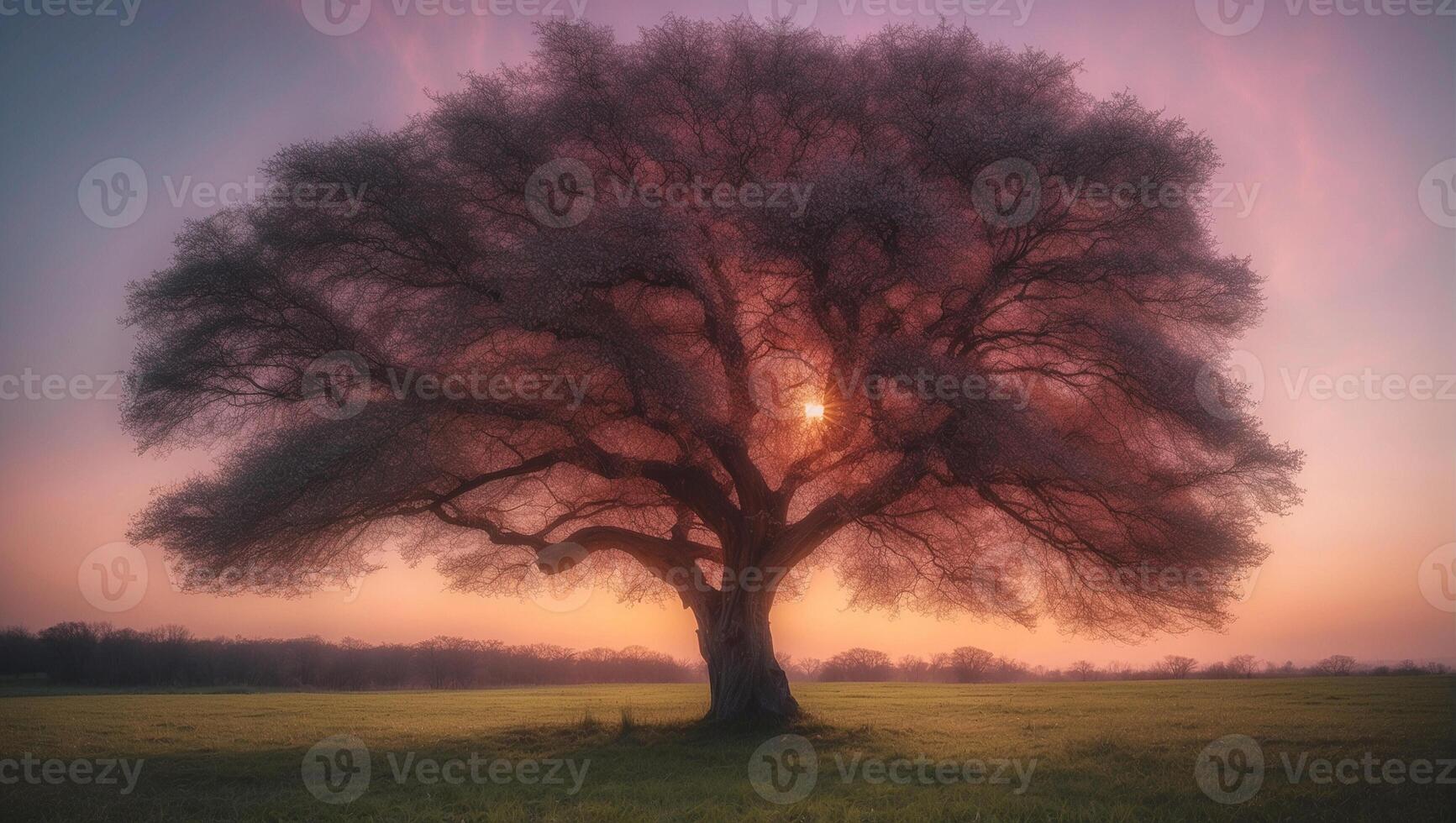 A tree in a field with the sun setting behind it photo