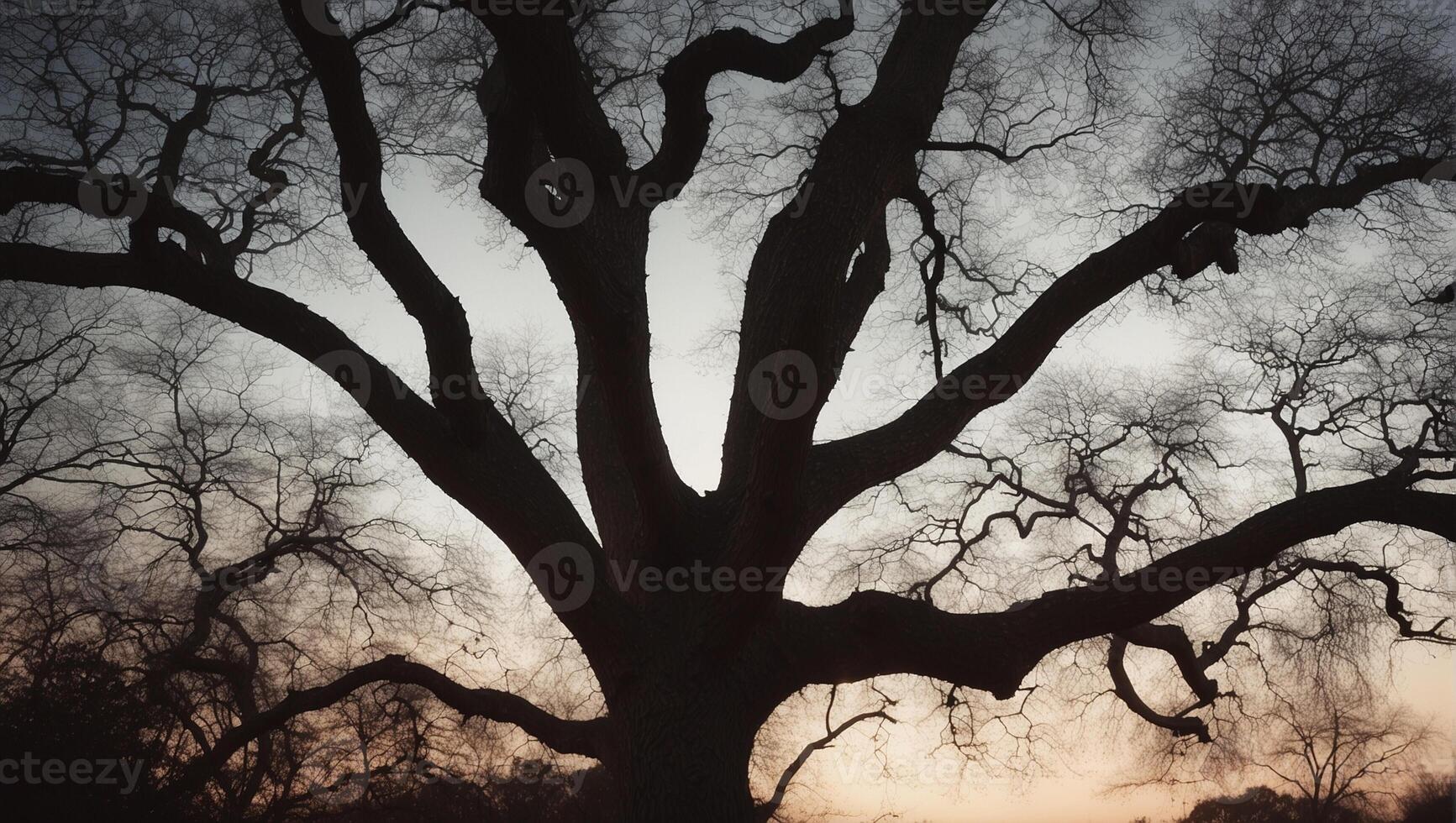 A tree with no leaves in the middle of a field photo