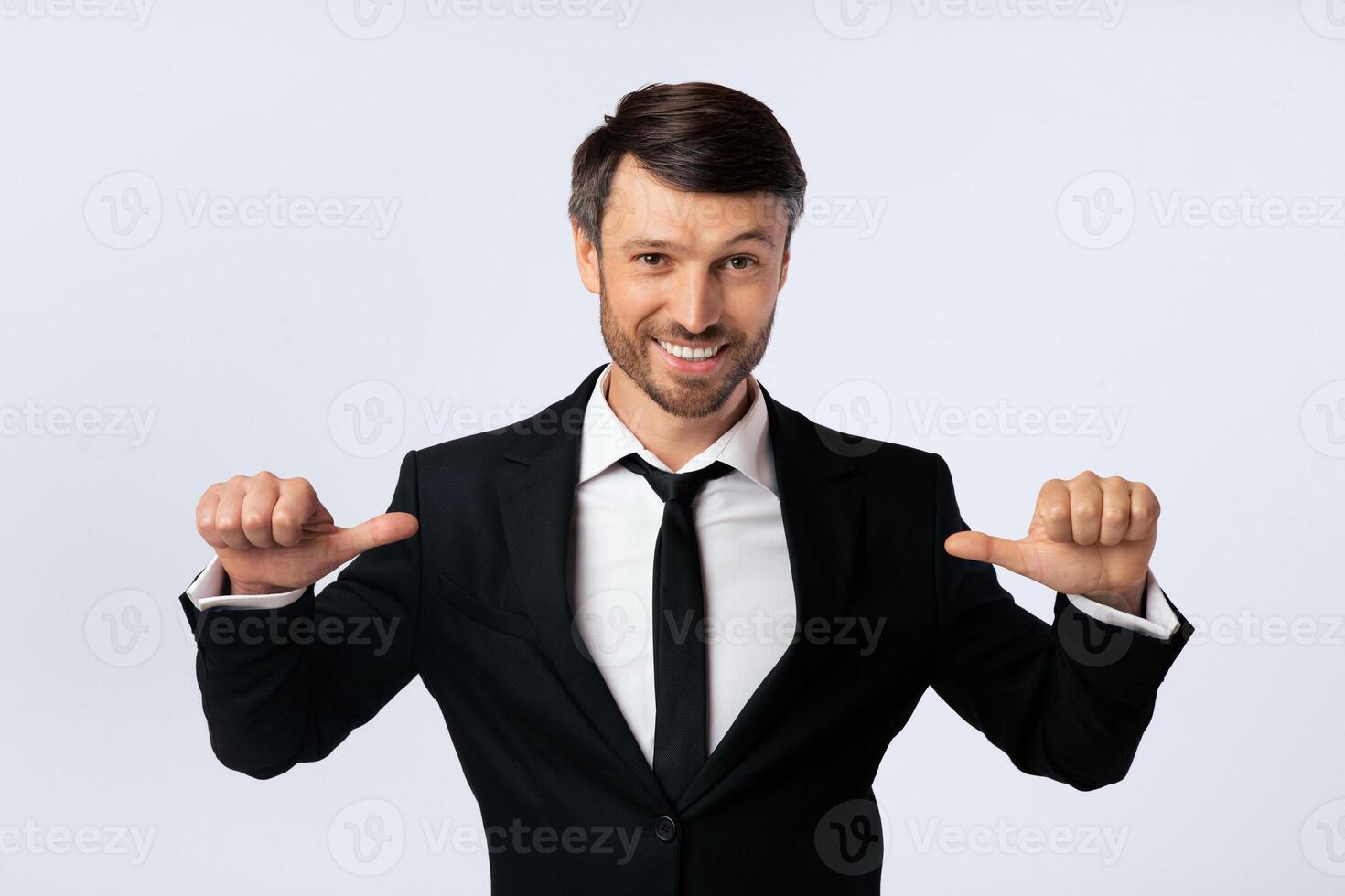 Confidence. Businessman Pointing Thumbs At Himself Over White Background In Studio. Isolated photo