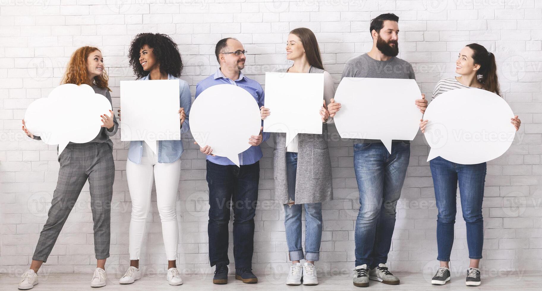 Modern communication. Group of people chatting with speech bubbles, free space photo
