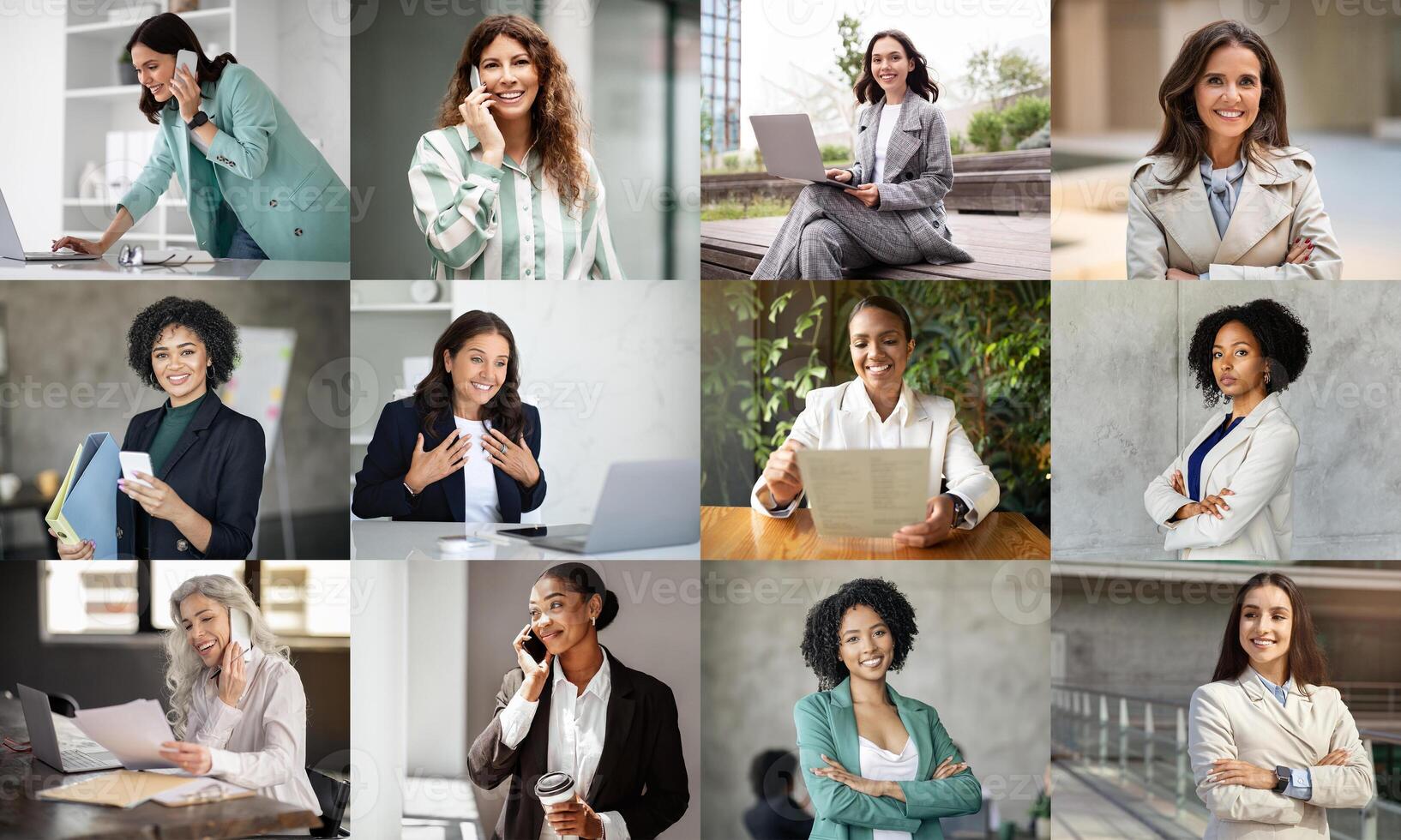 A diverse group of professional women is engaged in different activities within a modern office environment. They are seen on phone calls, typing on laptops, reviewing documents photo