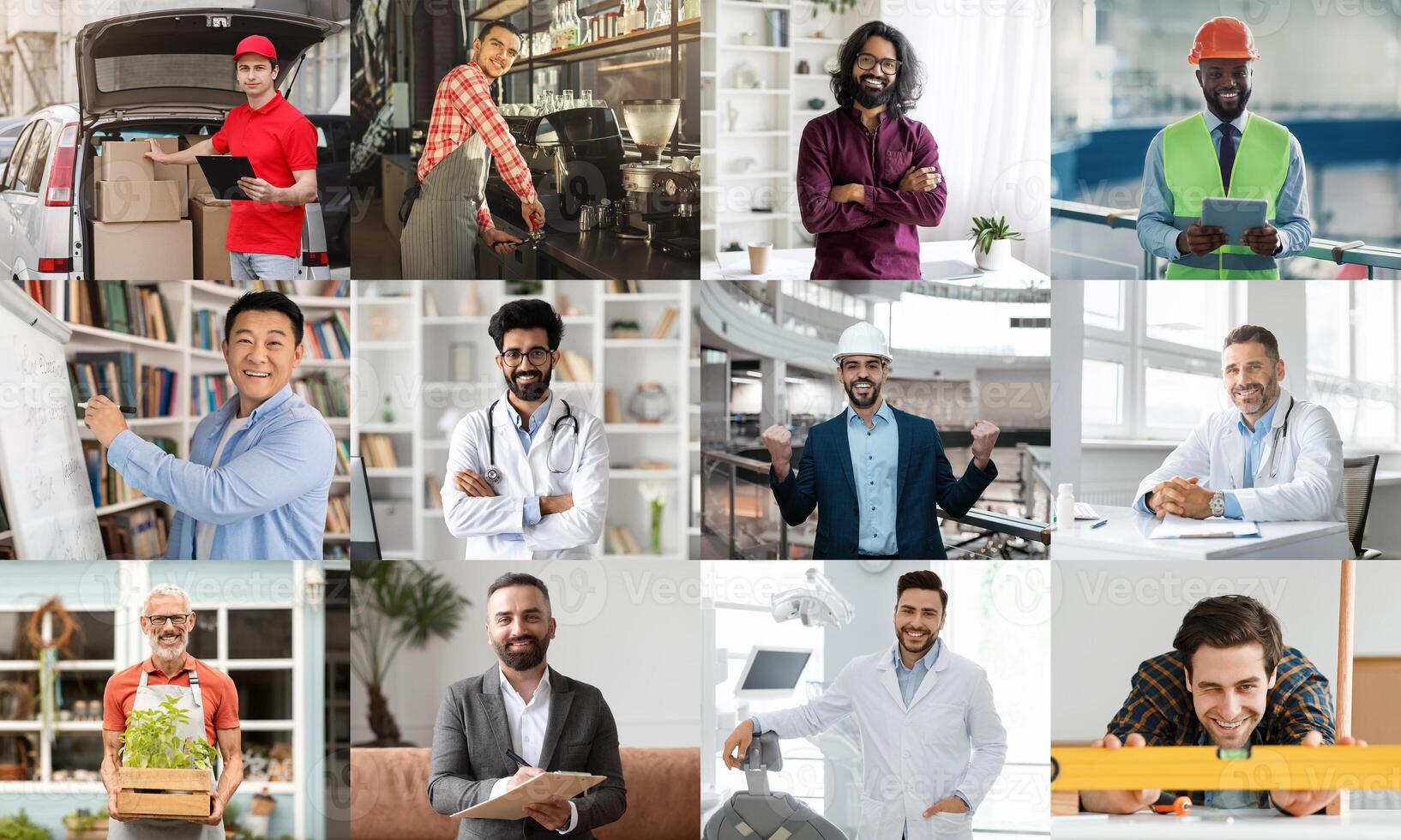 This collage showcases a variety of professionals in their respective work environments. The image includes a delivery driver loading a package into his vehicle, a barista making coffee photo
