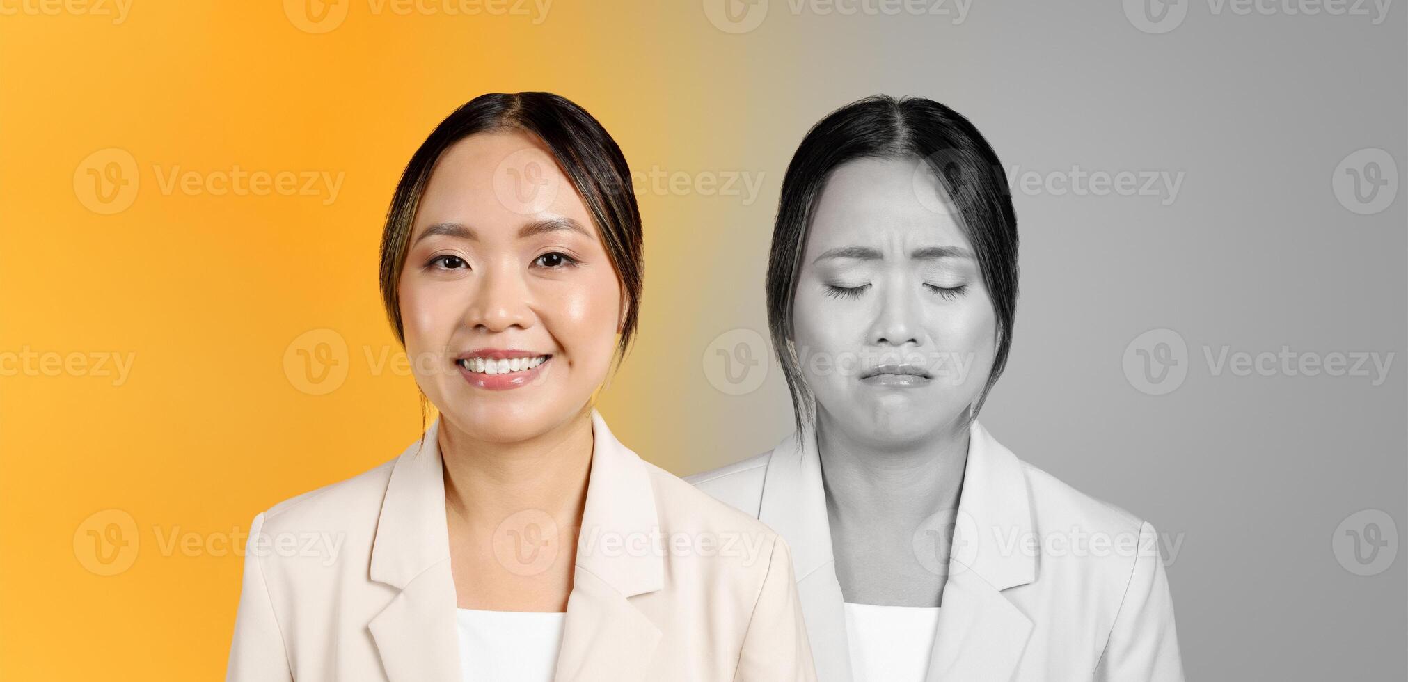 A young Asian woman presents contrasting emotions, with a bright smile in the foreground and a sorrowful expression in the background. The vibrant backdrop enhances the depth of her feelings. photo