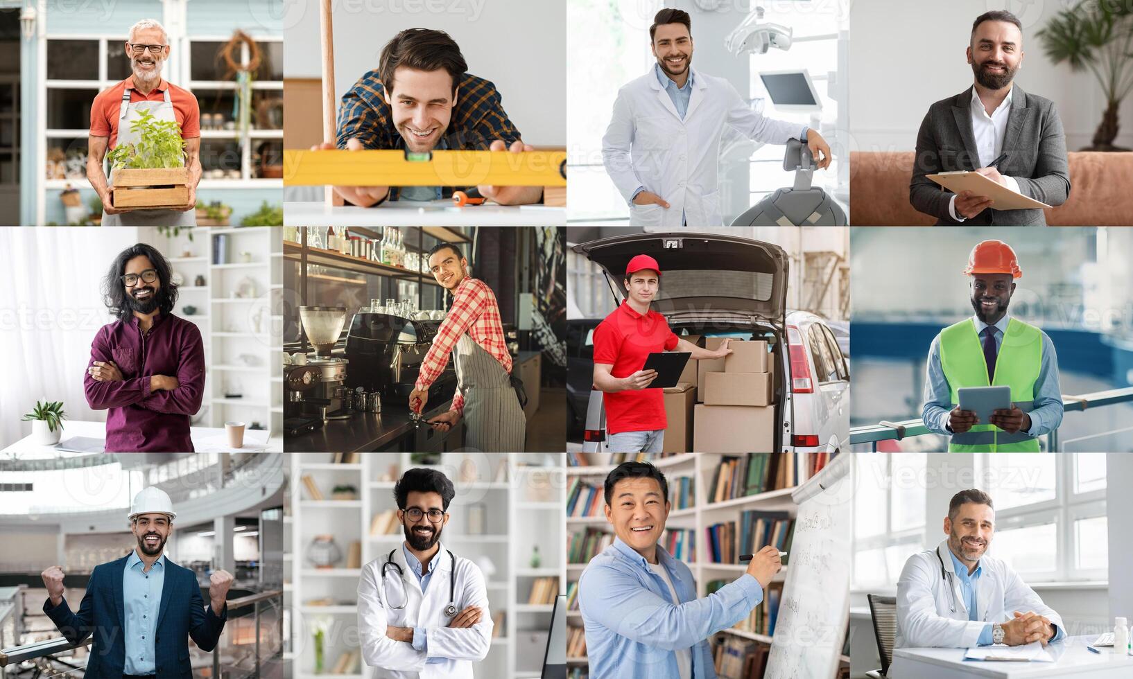 This image showcases a diverse group of individuals in a variety of work settings. Each person represents a different profession, including a gardener, a carpenter, a dentist, a businessman, a barista photo
