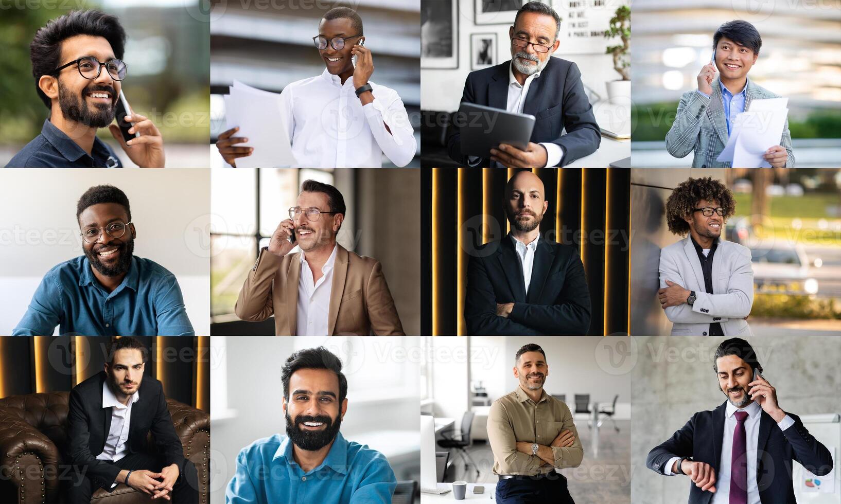 A variety of professionals from different backgrounds are engaged in communication, each using different devices. They appear focused and productive in modern office settings photo