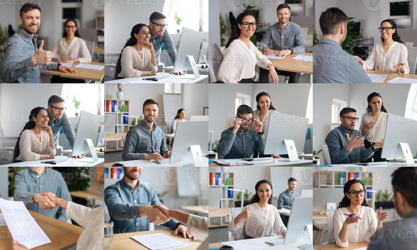 A diverse team of professionals engages in dynamic discussions and collaborative activities at a modern office desk. They are sharing ideas, displaying documents, and communicating photo