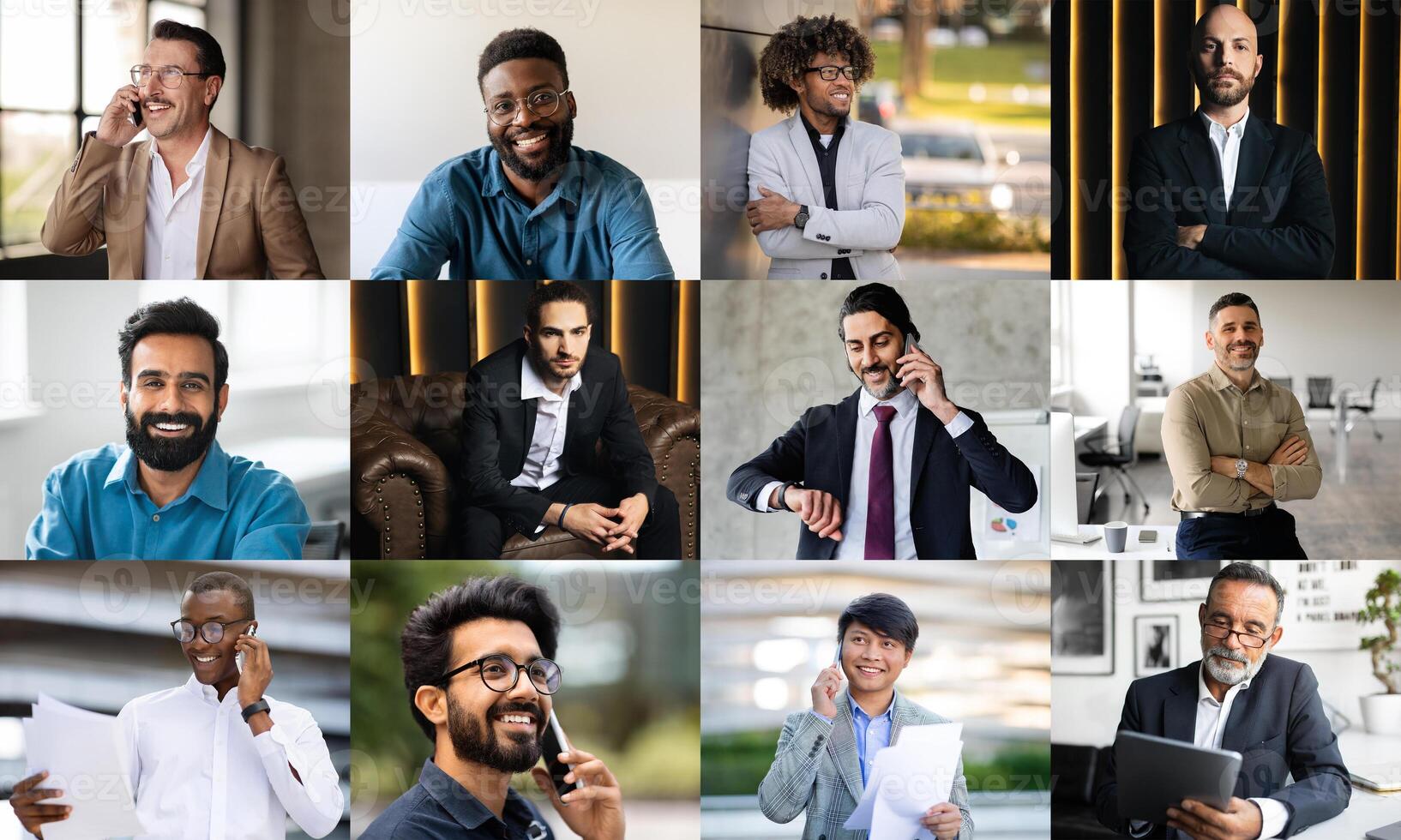 A variety of business professionals are engaged in conversations, some on phone calls while others are in meetings. Setting is a contemporary office with an array of relaxed and focused expressions photo