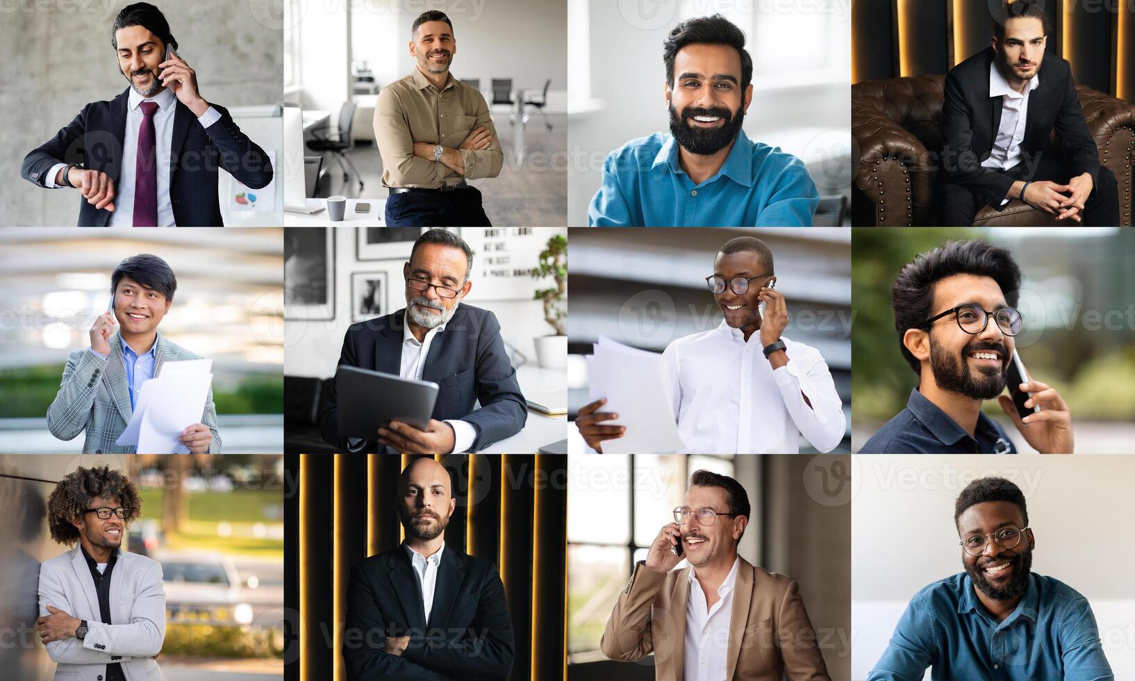 A variety of professionals from different backgrounds are captured in a modern office environment, actively engaging in phone calls, discussing documents, and working on laptops photo