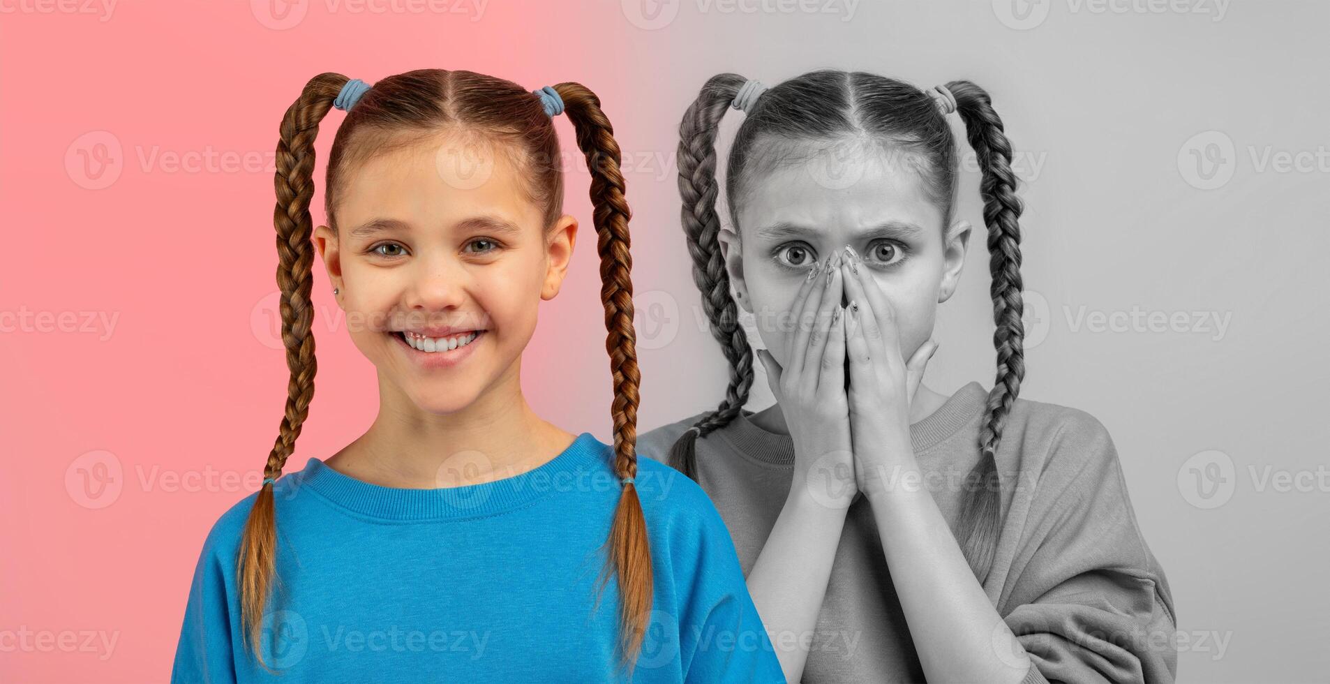 A young girl with braided hair is portrayed in a creative studio space, expressing an array of emotions. On one side, she smiles brightly, showcasing her joy, while on the other, she appears surprised photo